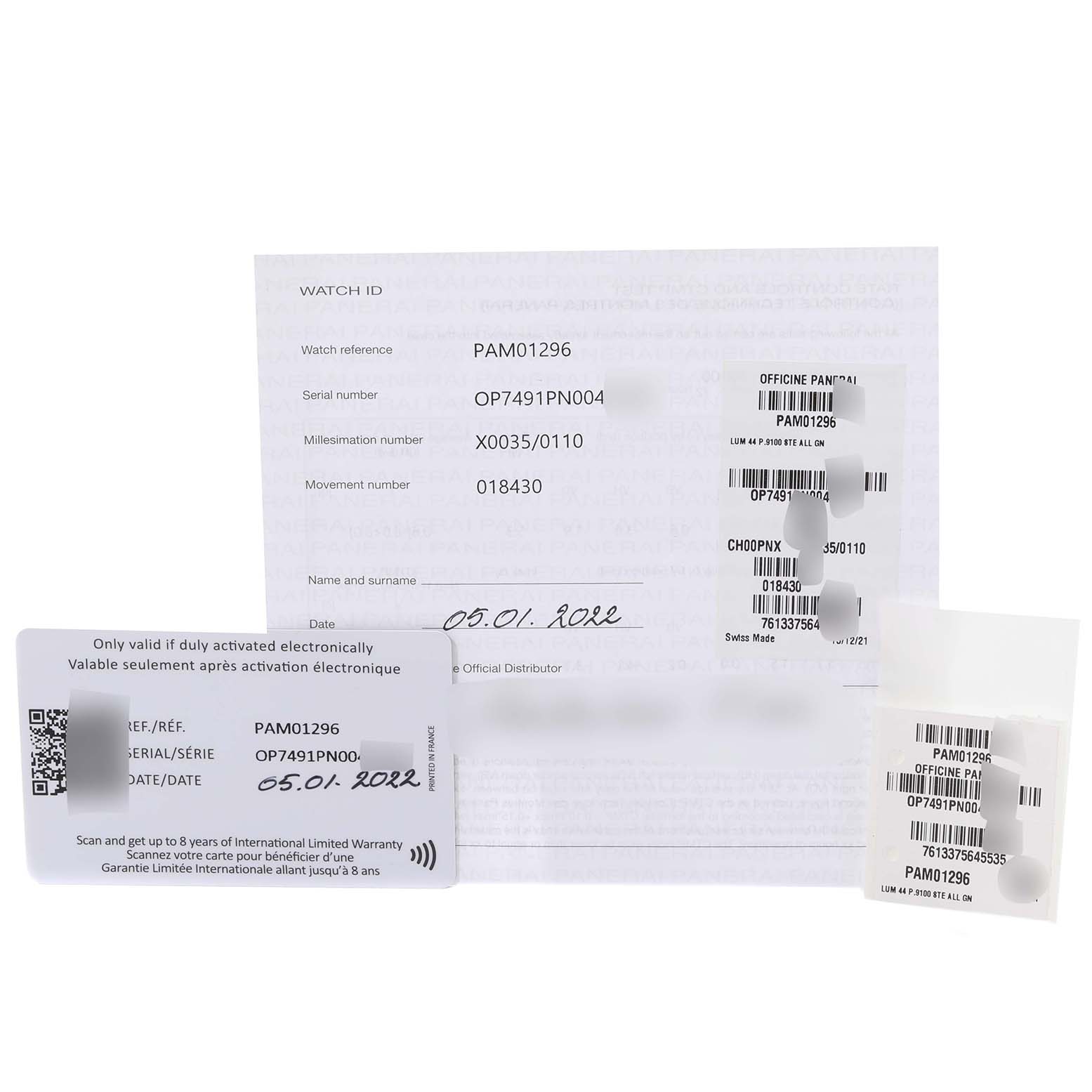 The image shows warranty and identification documents for a Luminor model by Panerai, including the watch reference, serial number, and activation card.