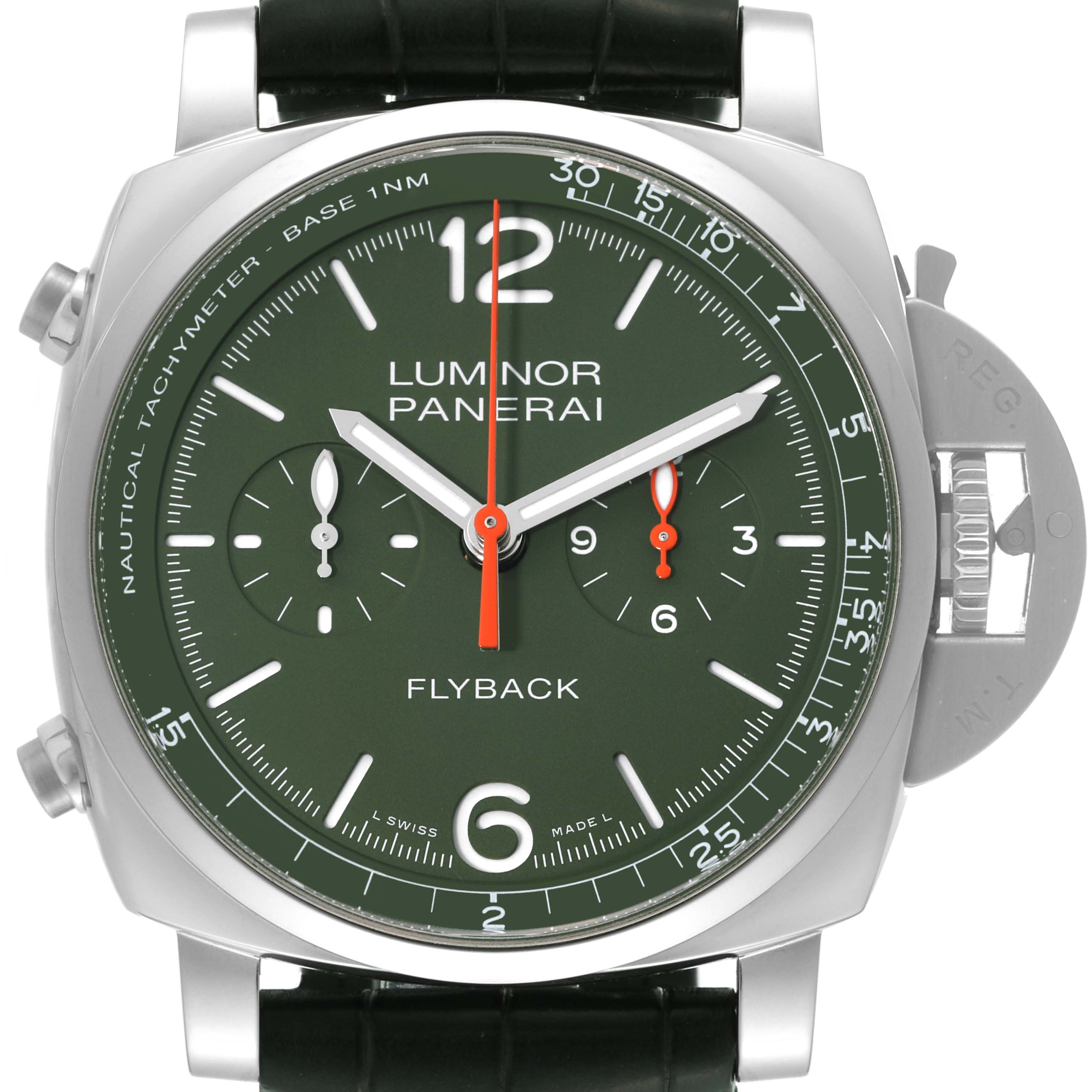 This is a close-up, frontal view of a Panerai Luminor PAM01296 Men's Stainless Steel Green Dial PAM01296 Men's Stainless Steel Green Dial Flyback watch, showing the dial, hands, crown guard, and pushers.