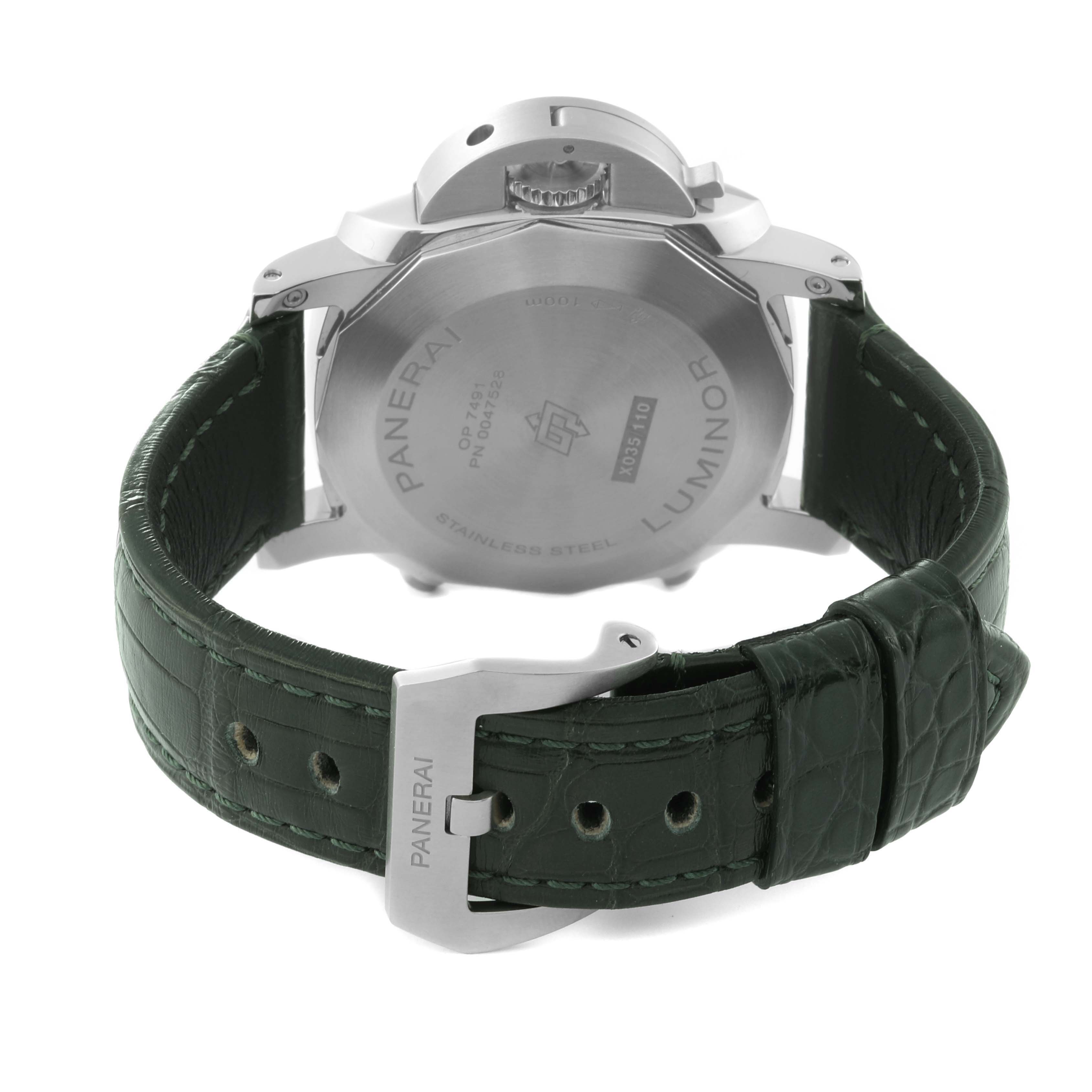 The image shows the back view of a Panerai Luminor PAM01296 Men's Stainless Steel Green Dial PAM01296 Men's Stainless Steel Green Dial watch, displaying the case back and green leather strap with the Panerai buckle.