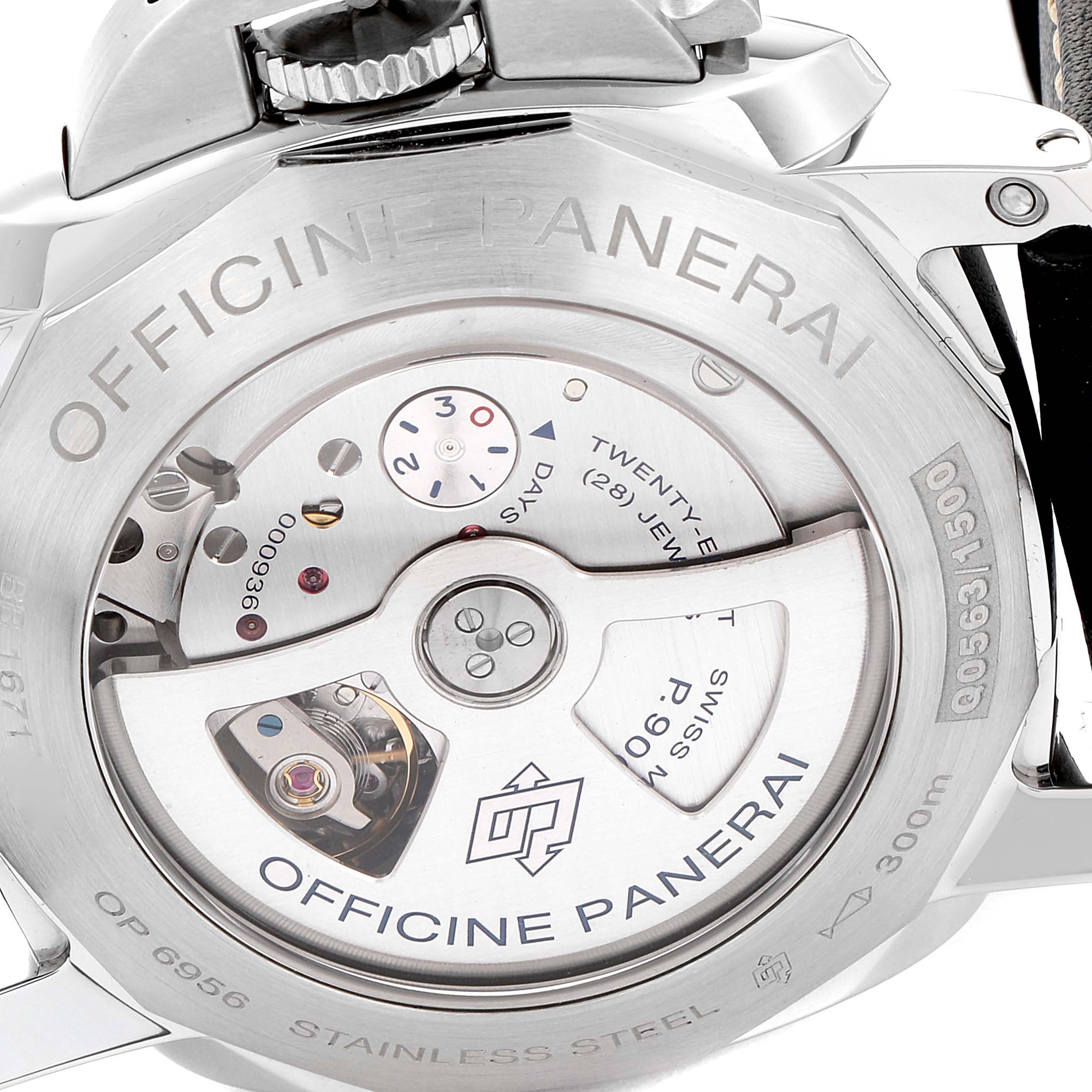 This image shows the back of a Panerai Luminor PAM00531 Men
s Stainless Steel Black Dial PAM00531 Men
s Stainless Steel Black Dial watch, highlighting its mechanical movement and branding engravings.