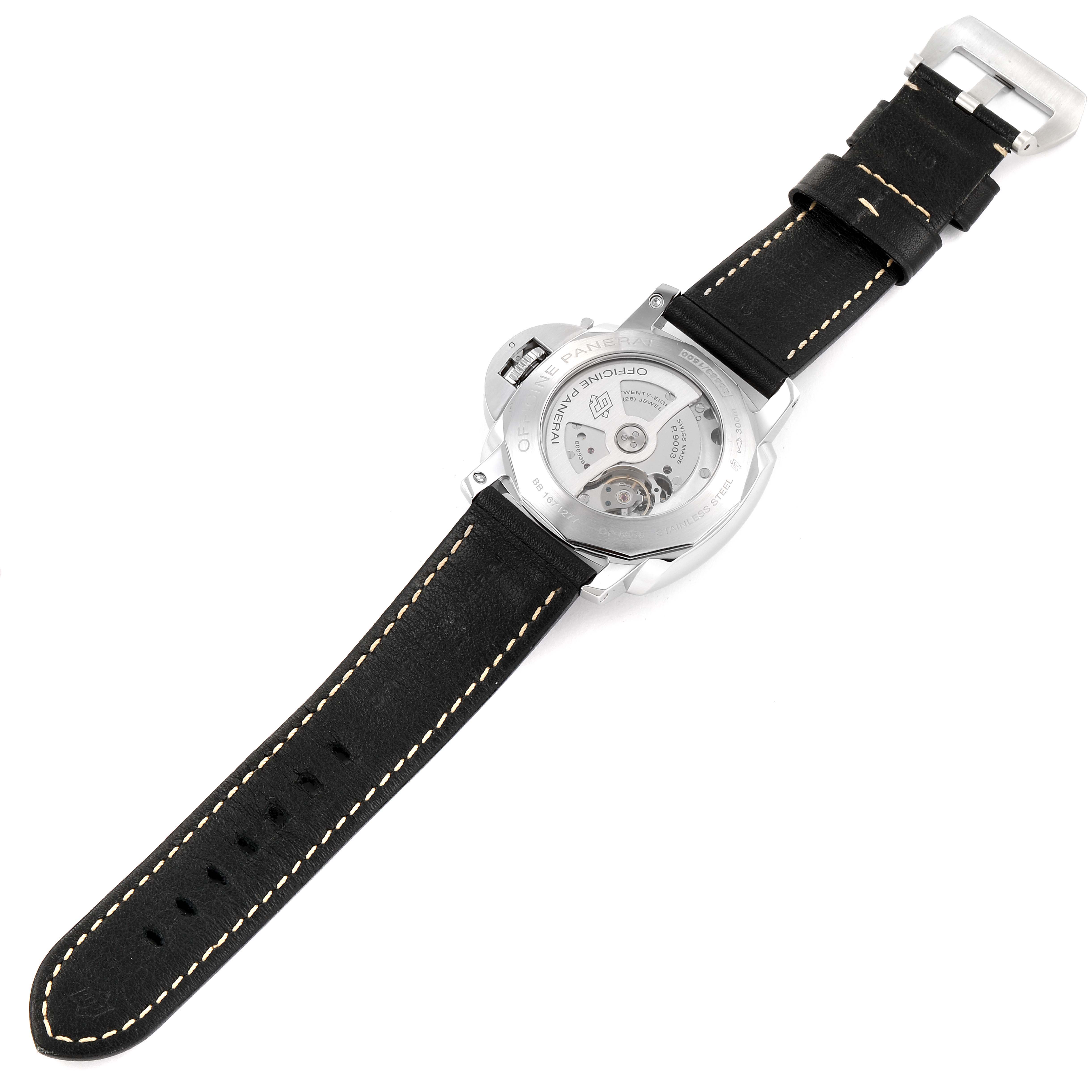 The image shows the back view of a Panerai Luminor PAM00531 Men
s Stainless Steel Black Dial PAM00531 Men
s Stainless Steel Black Dial watch, revealing the transparent case back and black leather strap.