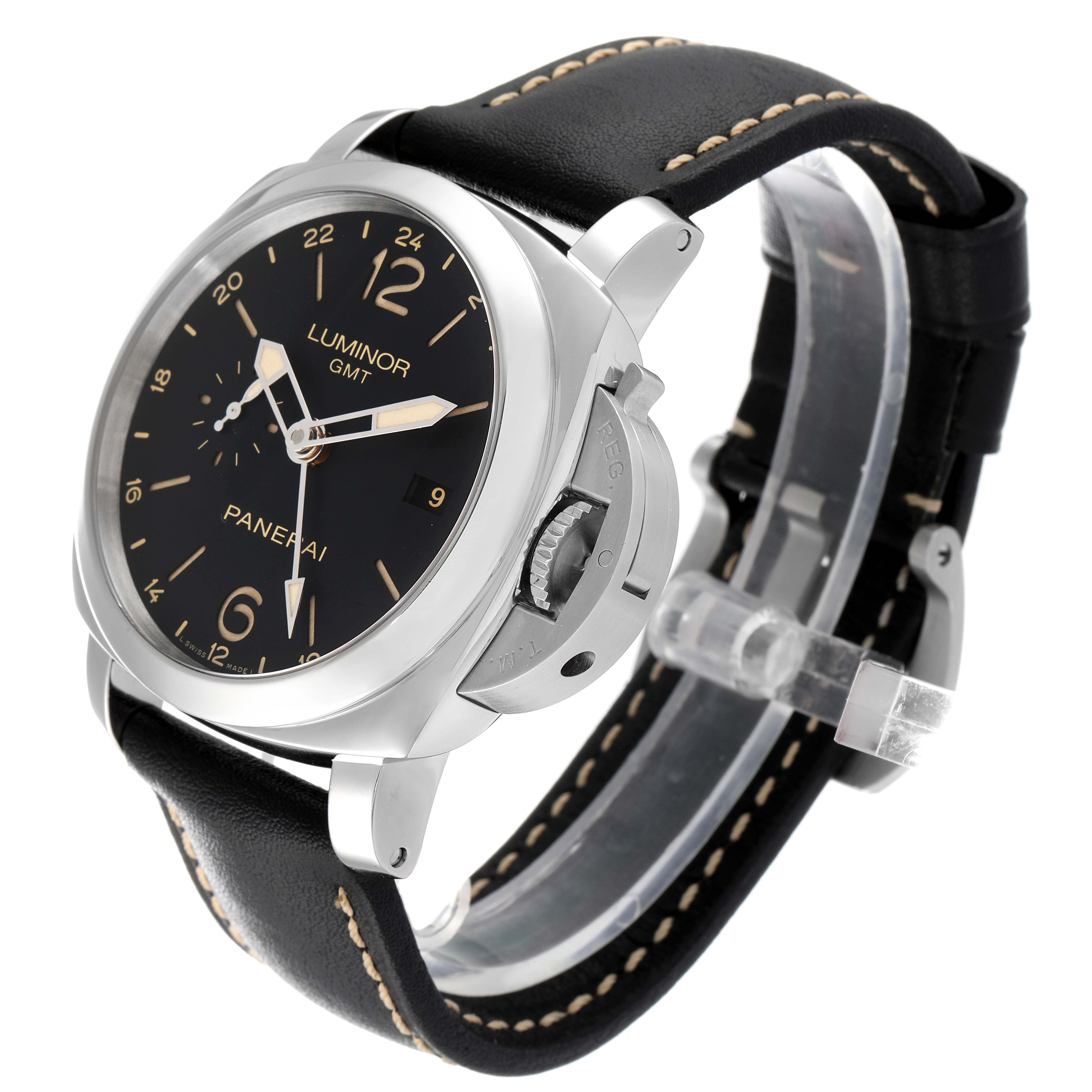 The image shows a Panerai Luminor PAM00531 Men
s Stainless Steel Black Dial PAM00531 Men
s Stainless Steel Black Dial watch at a slight side angle, highlighting the dial, crown guard, and black leather strap.