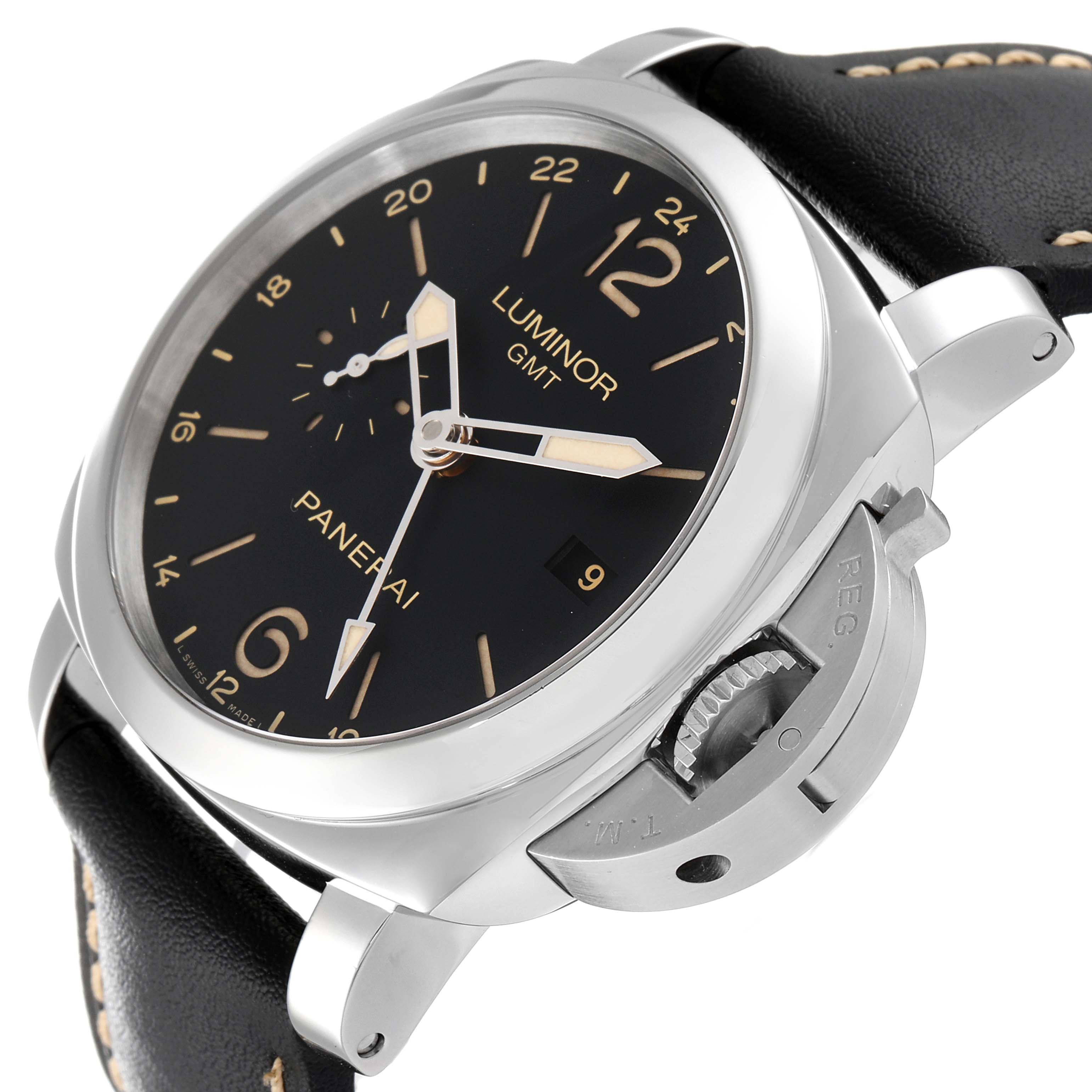 The image shows an angled view of a Panerai Luminor PAM00531 Men
s Stainless Steel Black Dial PAM00531 Men
s Stainless Steel Black Dial watch, highlighting the dial, crown guard, and leather strap.