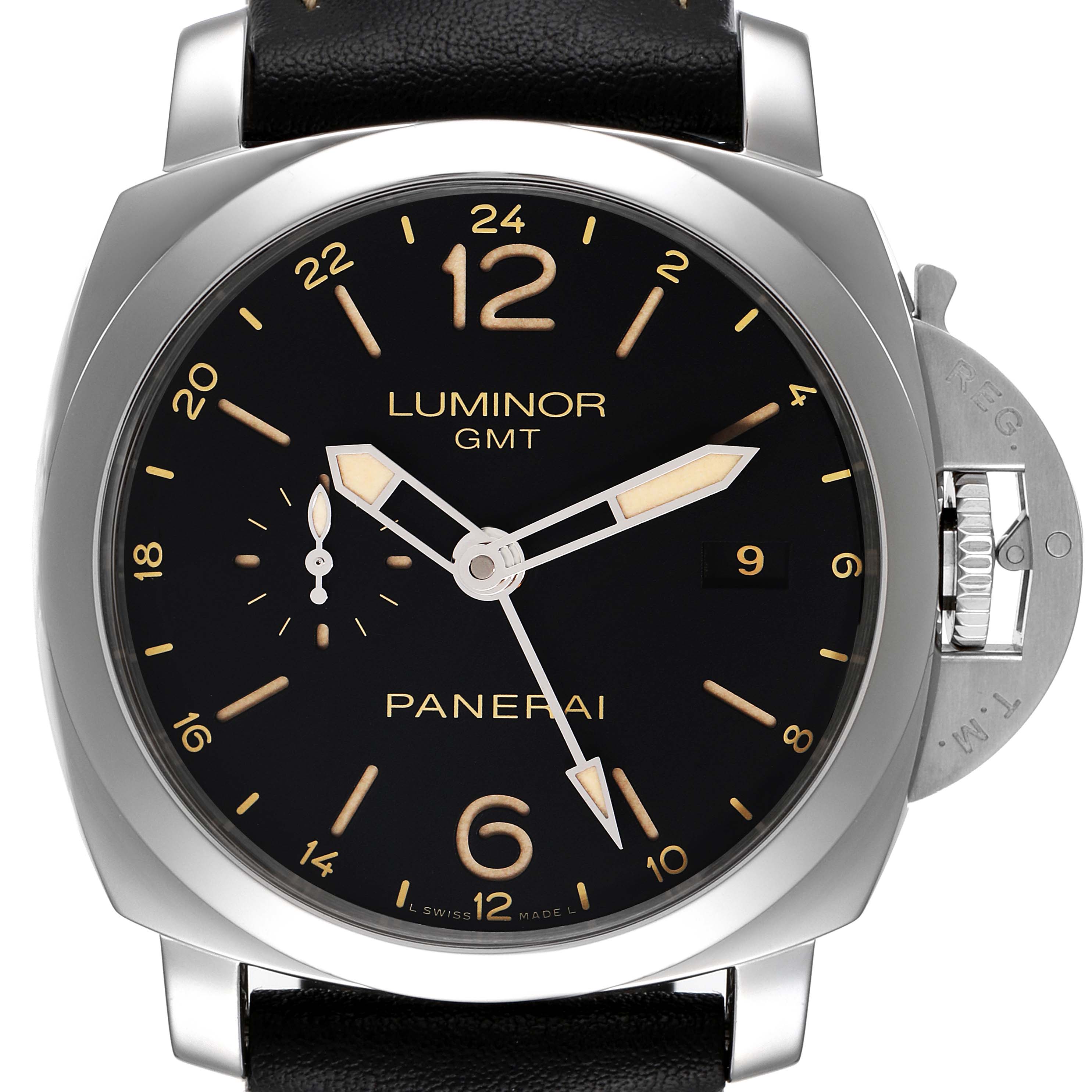 This image shows a front view of the Panerai Luminor PAM00531 Men
s Stainless Steel Black Dial PAM00531 Men
s Stainless Steel Black Dial GMT watch, highlighting the dial, hands, crown, and strap.