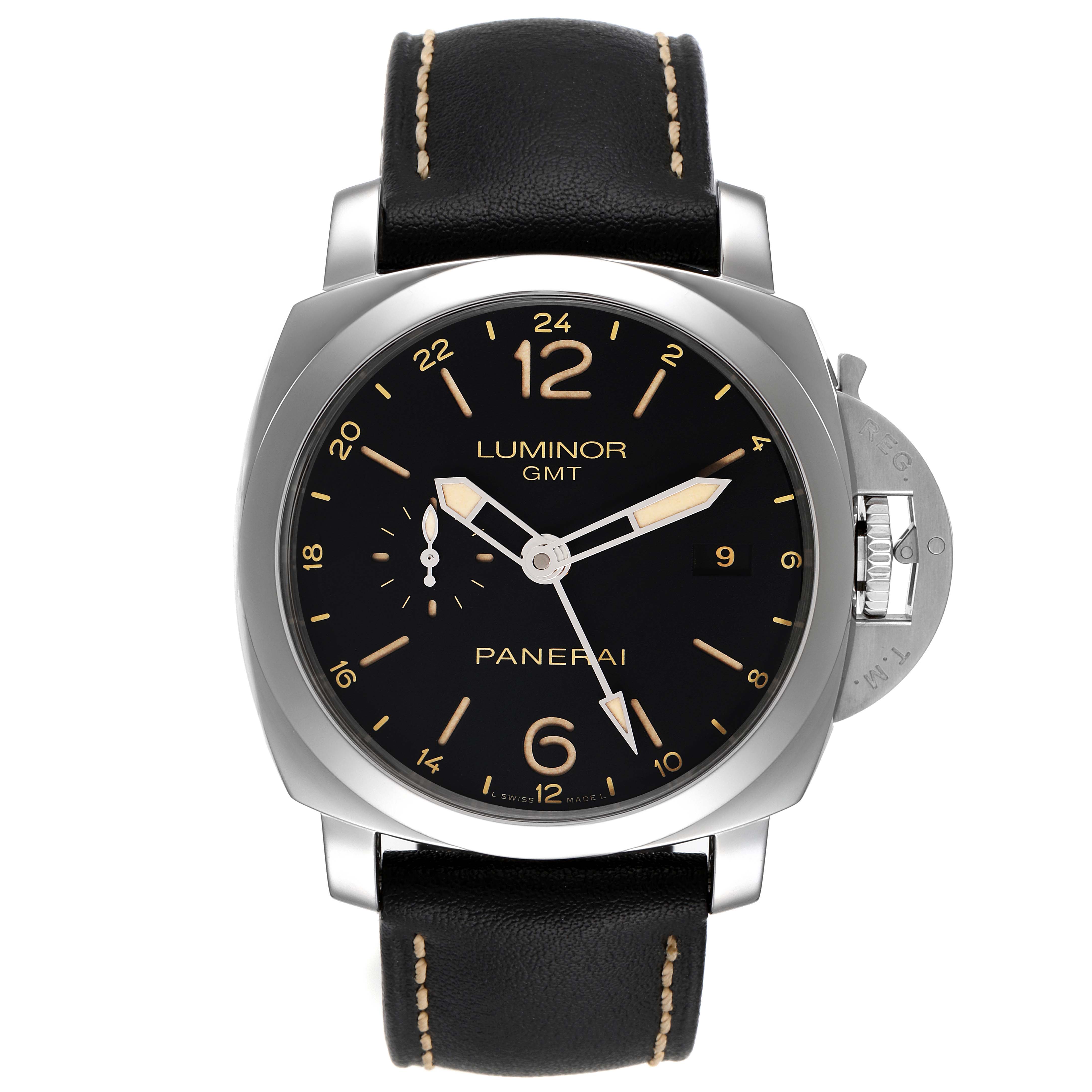 The image shows a front view of the Panerai Luminor PAM00531 Men
s Stainless Steel Black Dial PAM00531 Men
s Stainless Steel Black Dial GMT watch, highlighting its face, bezel, and leather strap.