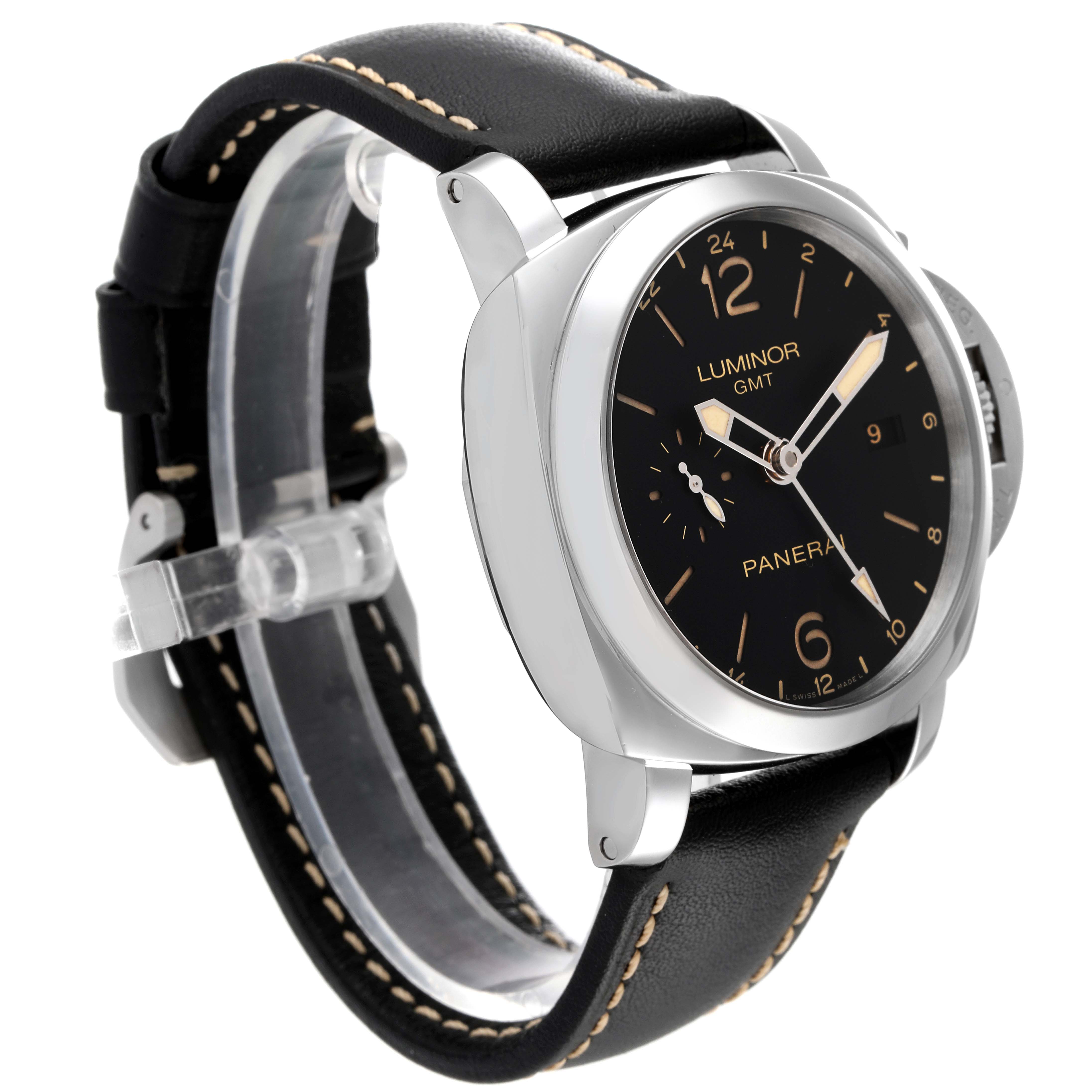Side angle of a Panerai Luminor PAM00531 Men
s Stainless Steel Black Dial PAM00531 Men
s Stainless Steel Black Dial GMT watch, showing the dial, case, and leather strap.