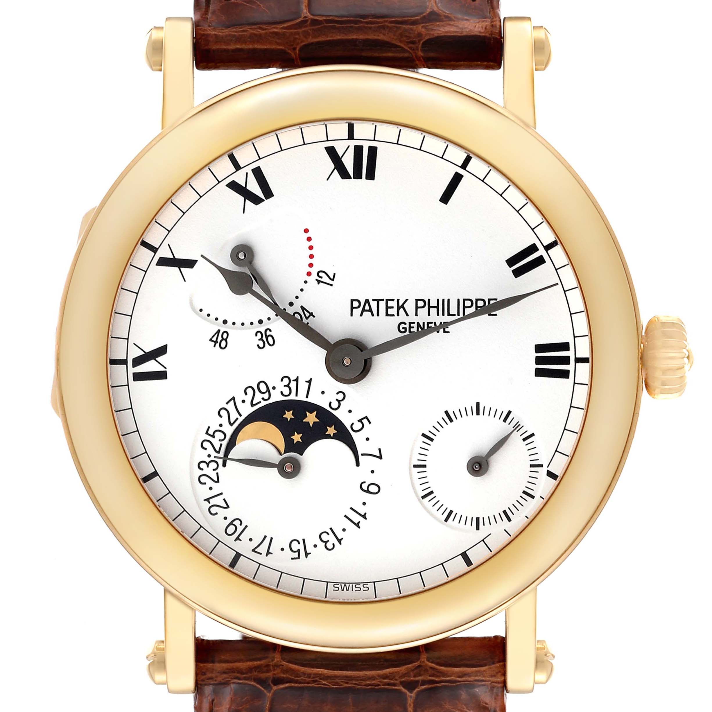 The image shows the front view of a Patek Philippe Complications 5054 Men's Yellow Gold White Dial 5054 Men's Yellow Gold White Dial watch, displaying the entire dial and its complications.