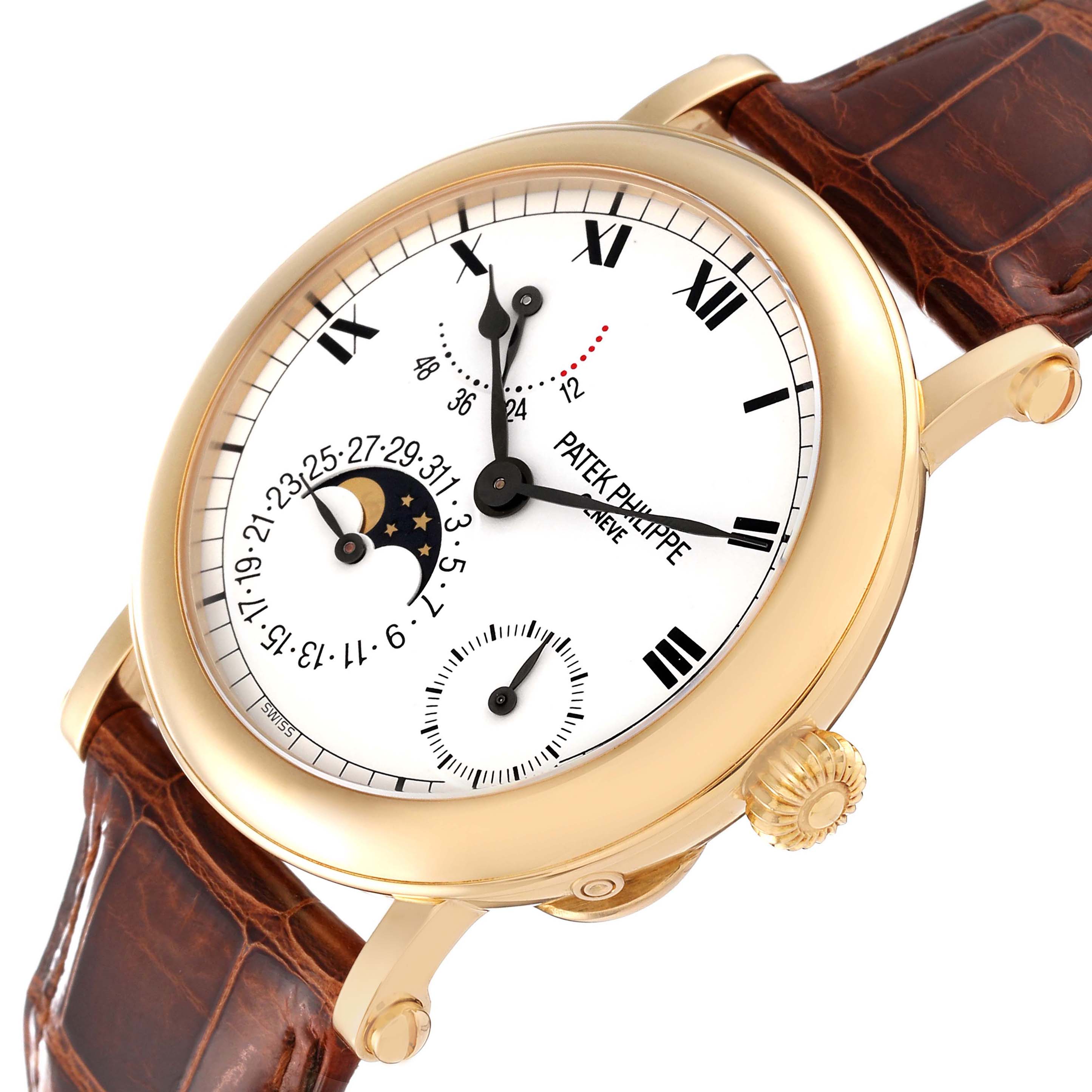 The image shows a Patek Philippe Complications 5054 Men's Yellow Gold White Dial 5054 Men's Yellow Gold White Dial watch at an angle, highlighting the dial, crown, and leather strap.