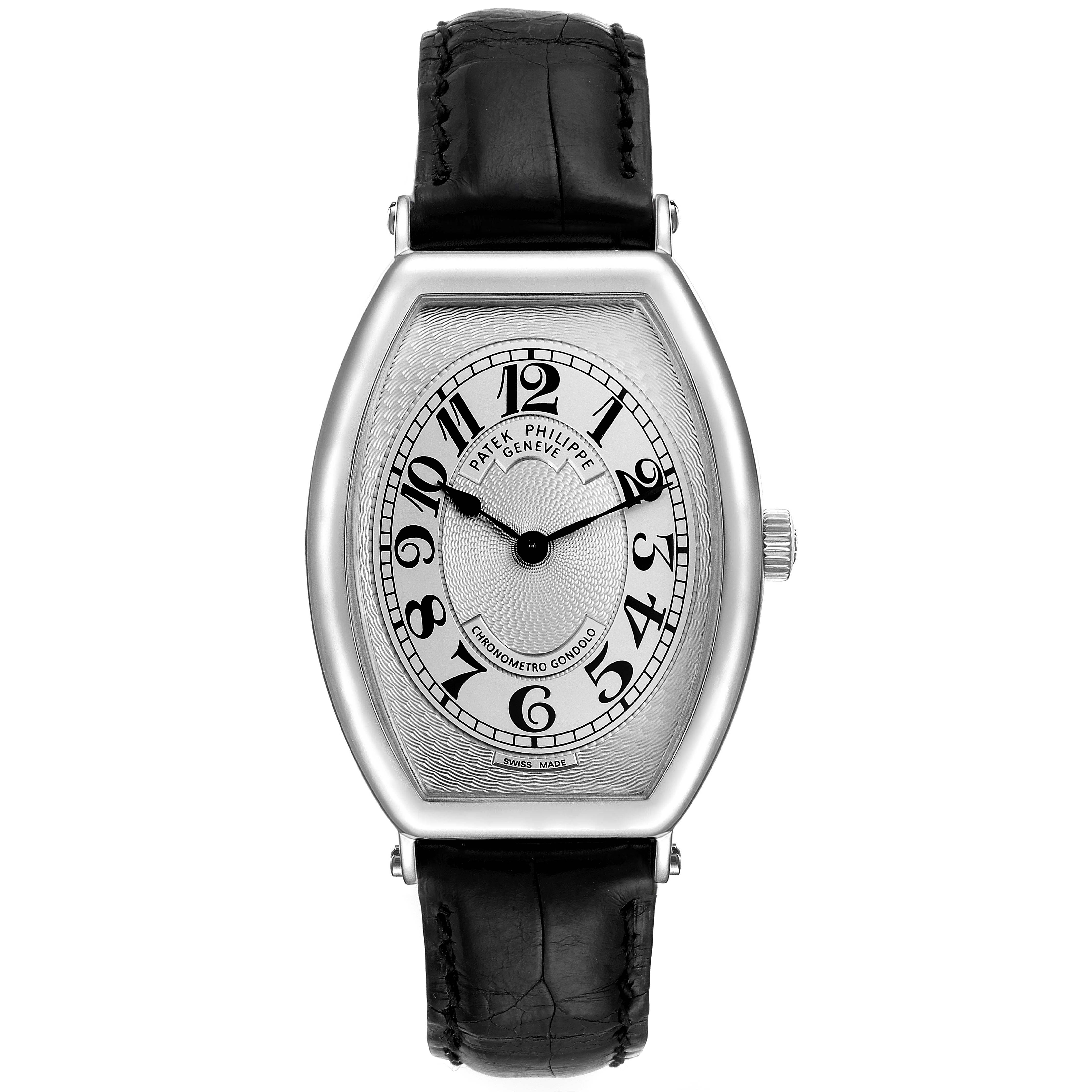 The image shows a Patek Philippe Gondolo 5098P Men's Platinum Silver Dial 5098P Men's Platinum Silver Dial watch from a straight-on angle, displaying the dial and strap.