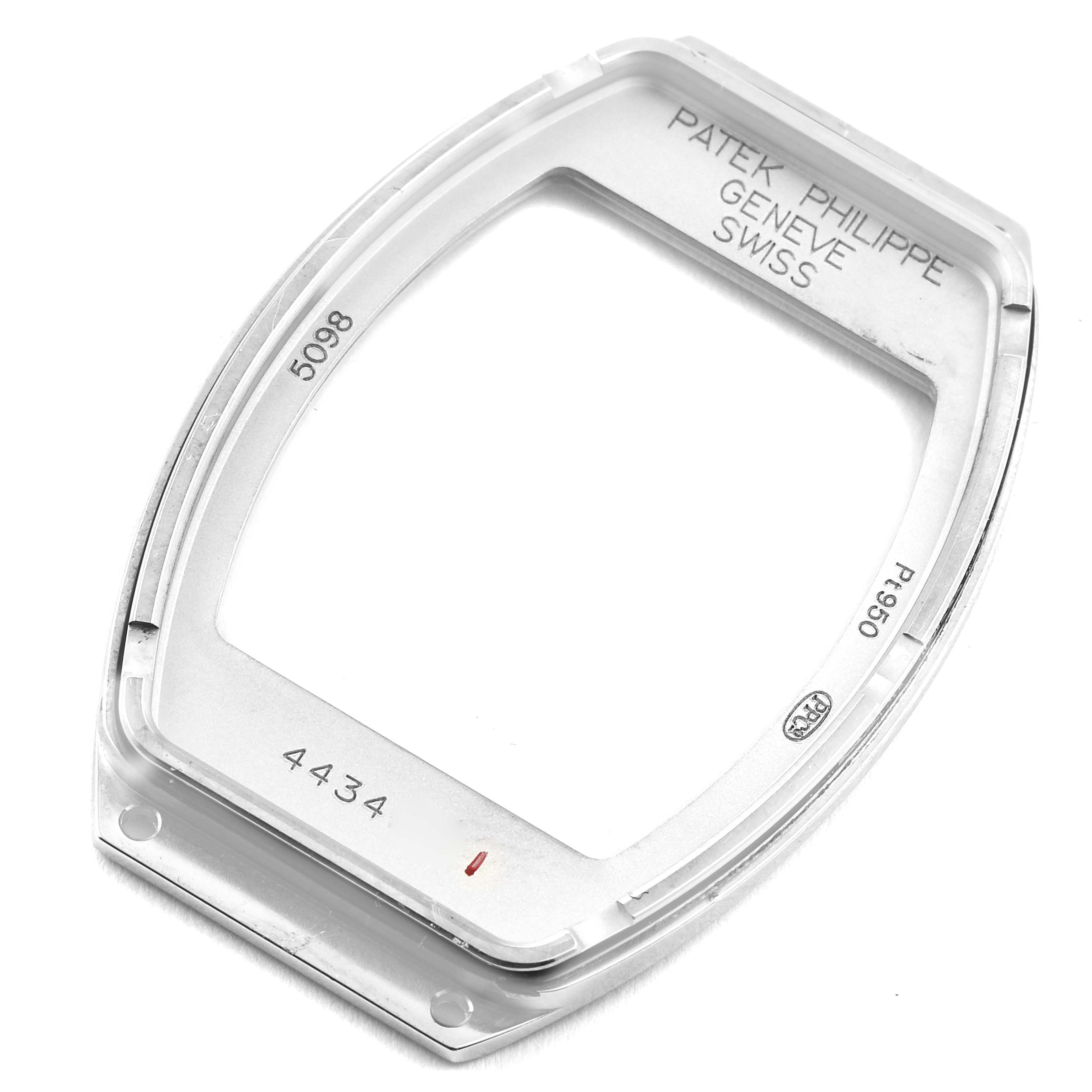 This image shows the case of a Patek Philippe Gondolo 5098P Men's Platinum Silver Dial 5098P Men's Platinum Silver Dial watch, viewed from a slightly angled perspective.