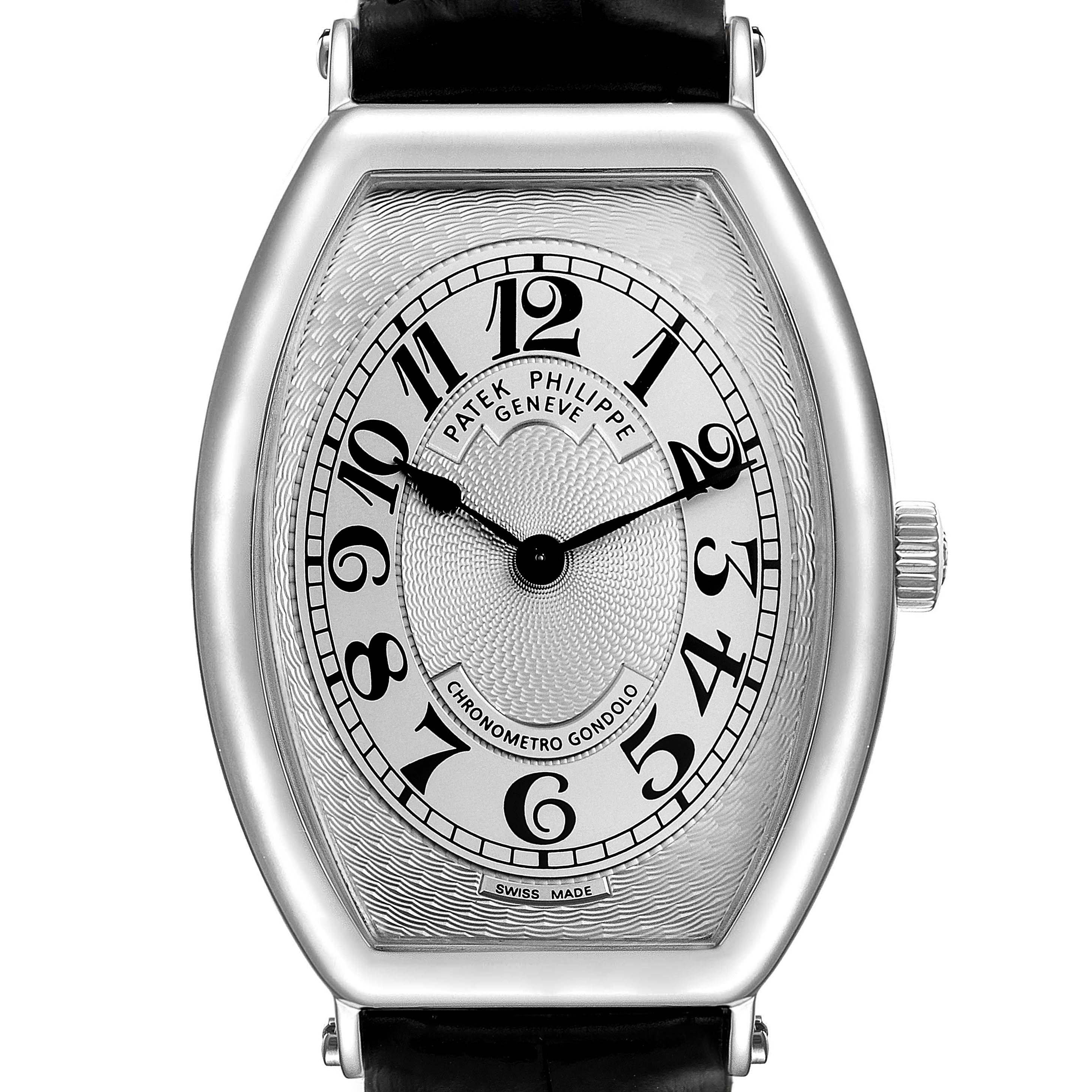 The image shows a front angle view of a Patek Philippe Gondolo 5098P Men's Platinum Silver Dial 5098P Men's Platinum Silver Dial watch, highlighting its face and leather strap.