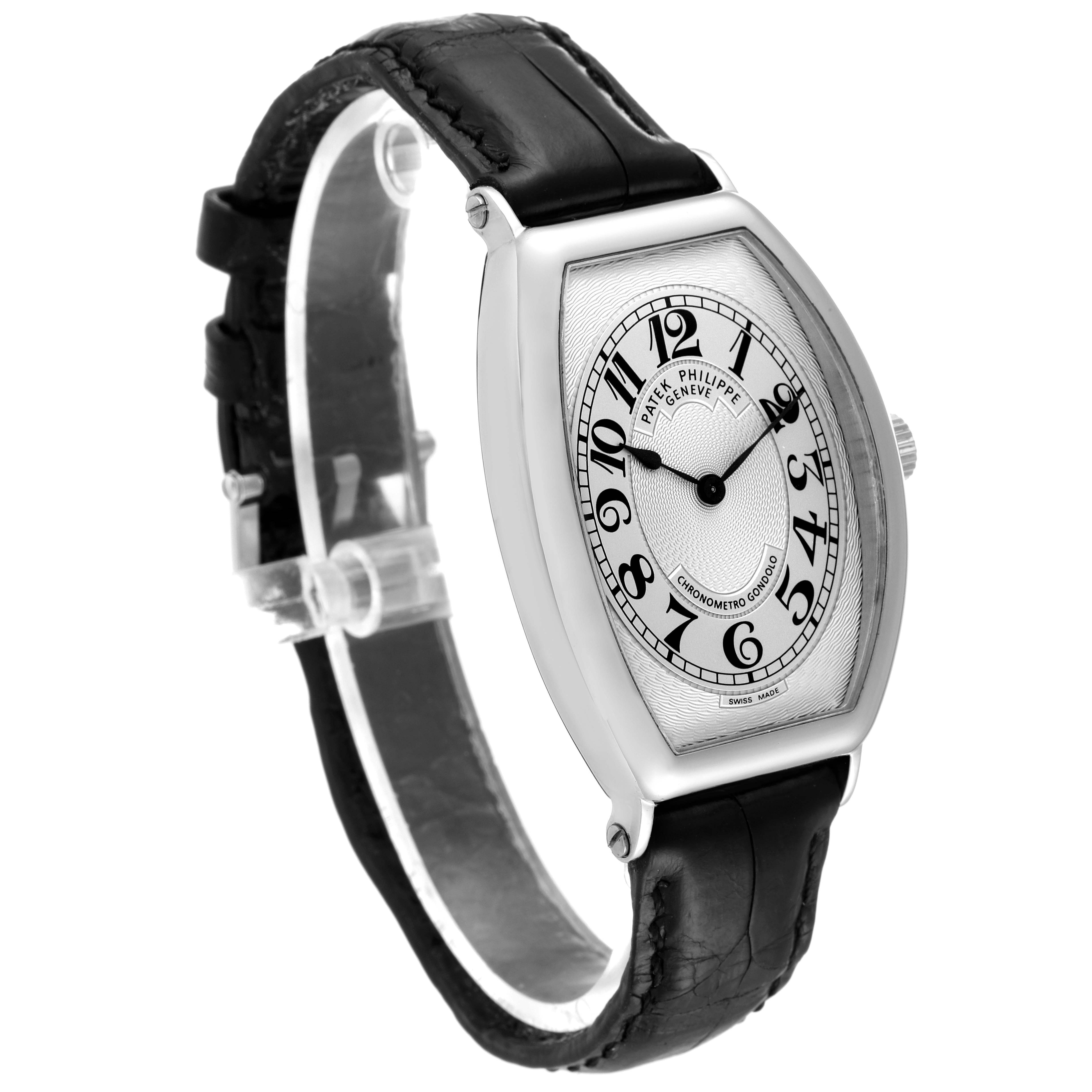 The image shows a side angle of a Patek Philippe Gondolo 5098P Men's Platinum Silver Dial 5098P Men's Platinum Silver Dial watch, highlighting its case, dial, and leather strap.