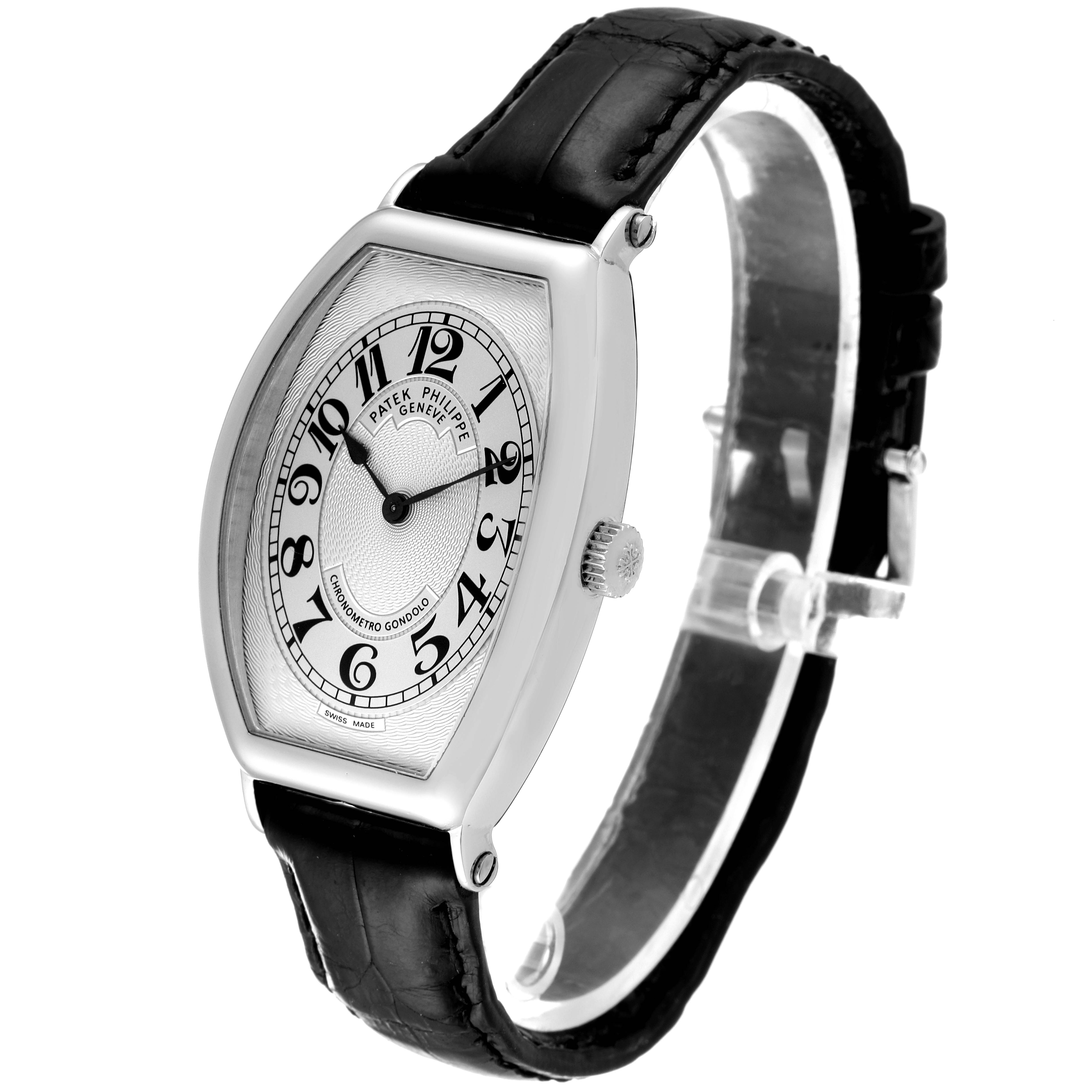 The image shows a Patek Philippe Gondolo 5098P Men's Platinum Silver Dial 5098P Men's Platinum Silver Dial watch at an oblique angle highlighting its face, bezel, and leather strap.