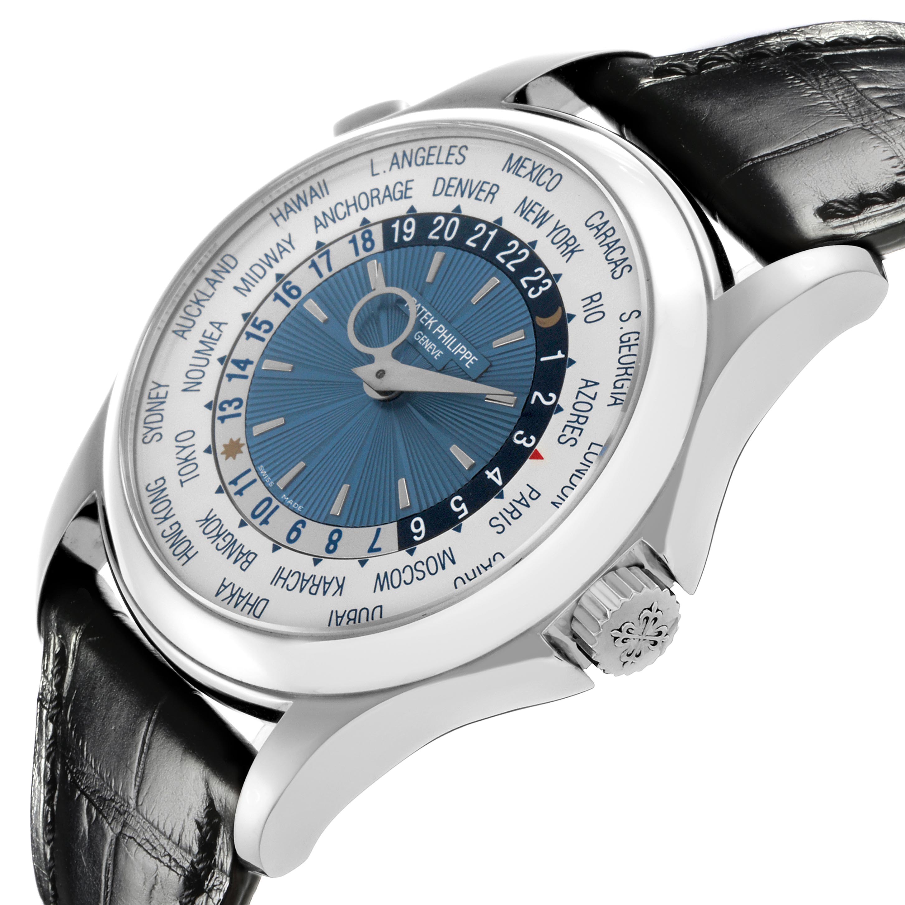 The Patek Philippe Complications 5130P Men
s Platinum Silver Dial 5130P Men
s Platinum Silver Dial watch is shown from a side angle, highlighting the dial, bezel, crown, and strap.