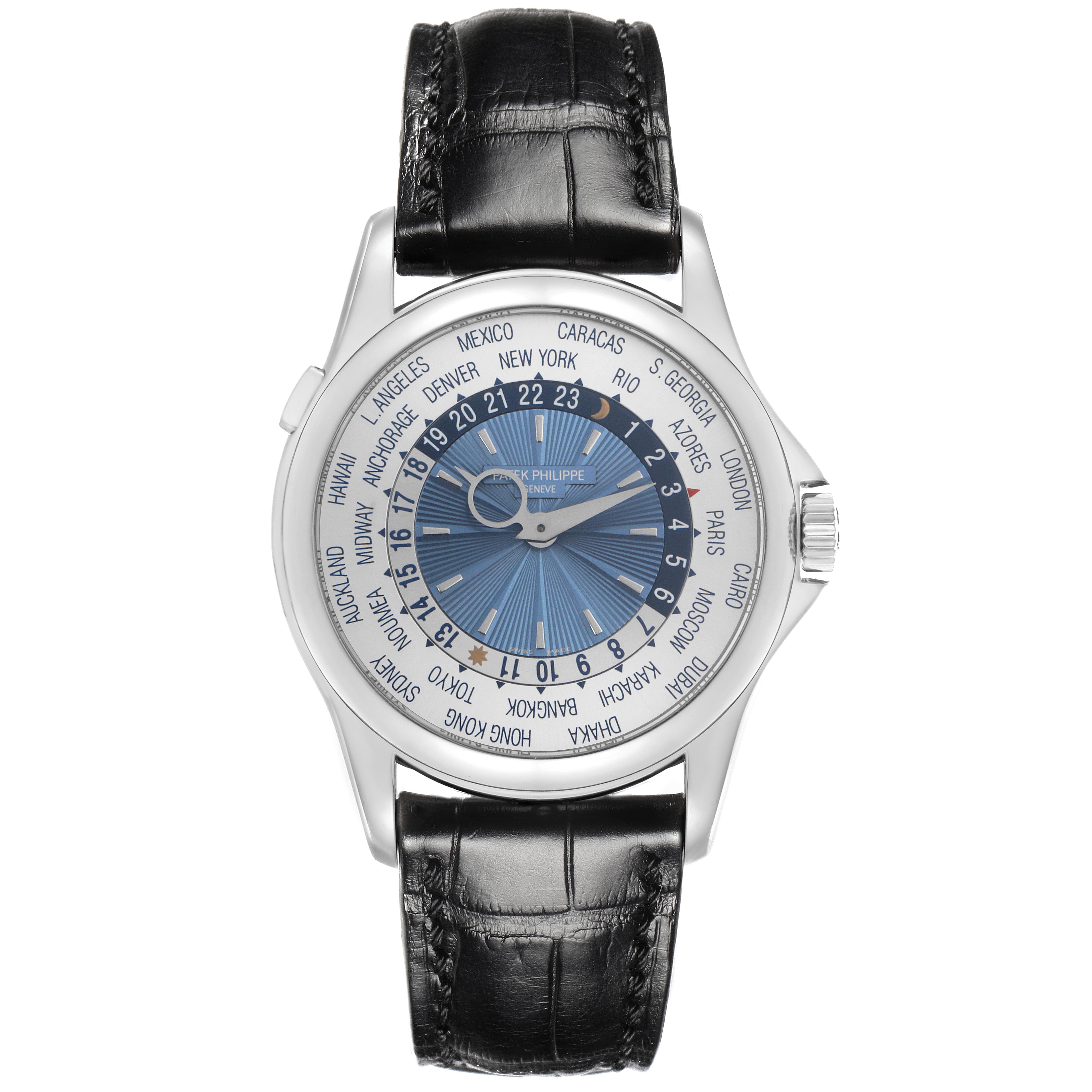 The Patek Philippe Complications 5130P Men
s Platinum Silver Dial 5130P Men
s Platinum Silver Dial watch is shown from the front, displaying its dial, world time indicators, and leather strap.