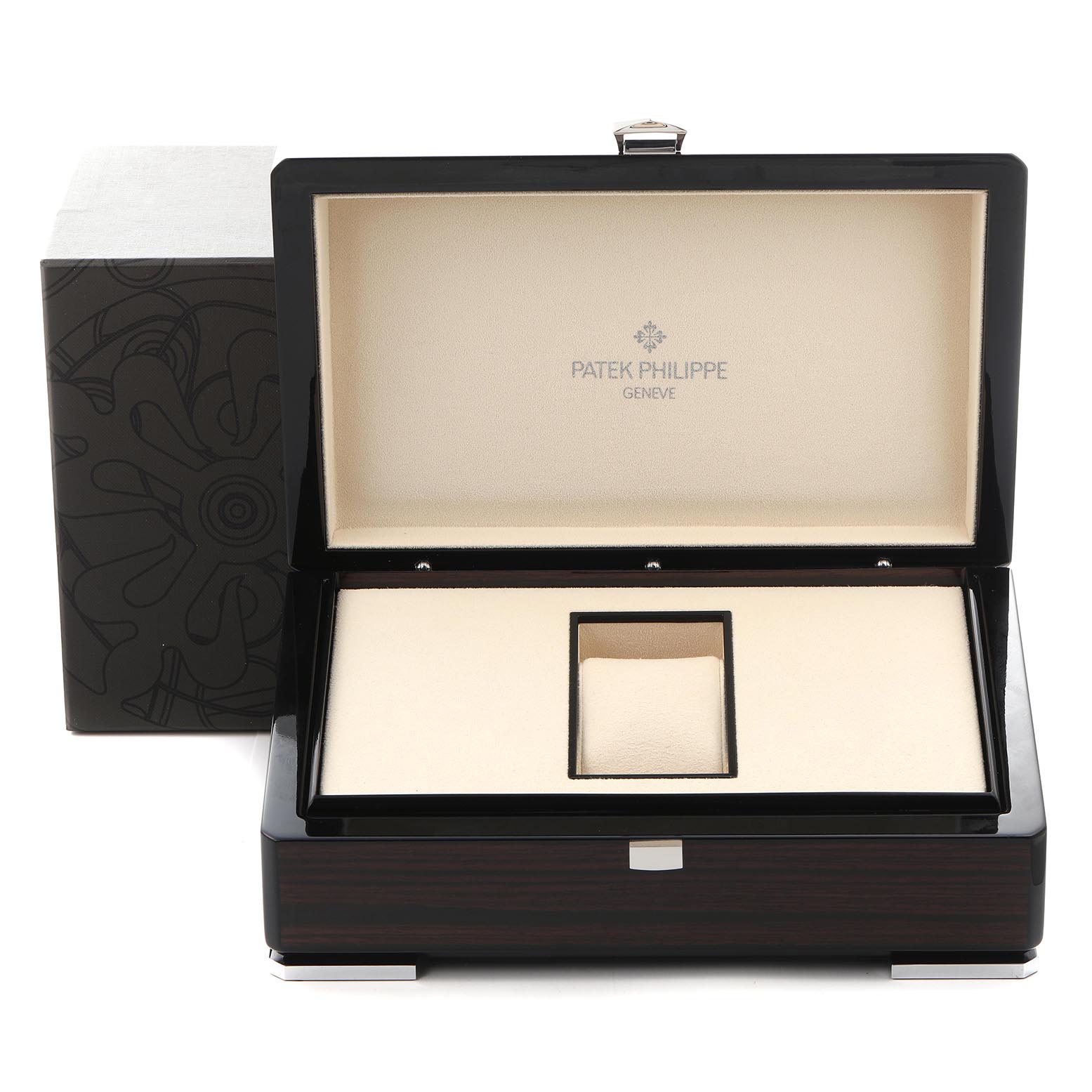 The image shows an open presentation box for a Patek Philippe Complications 5130P Men
s Platinum Silver Dial 5130P Men
s Platinum Silver Dial model, featuring a cream interior and wooden exterior.