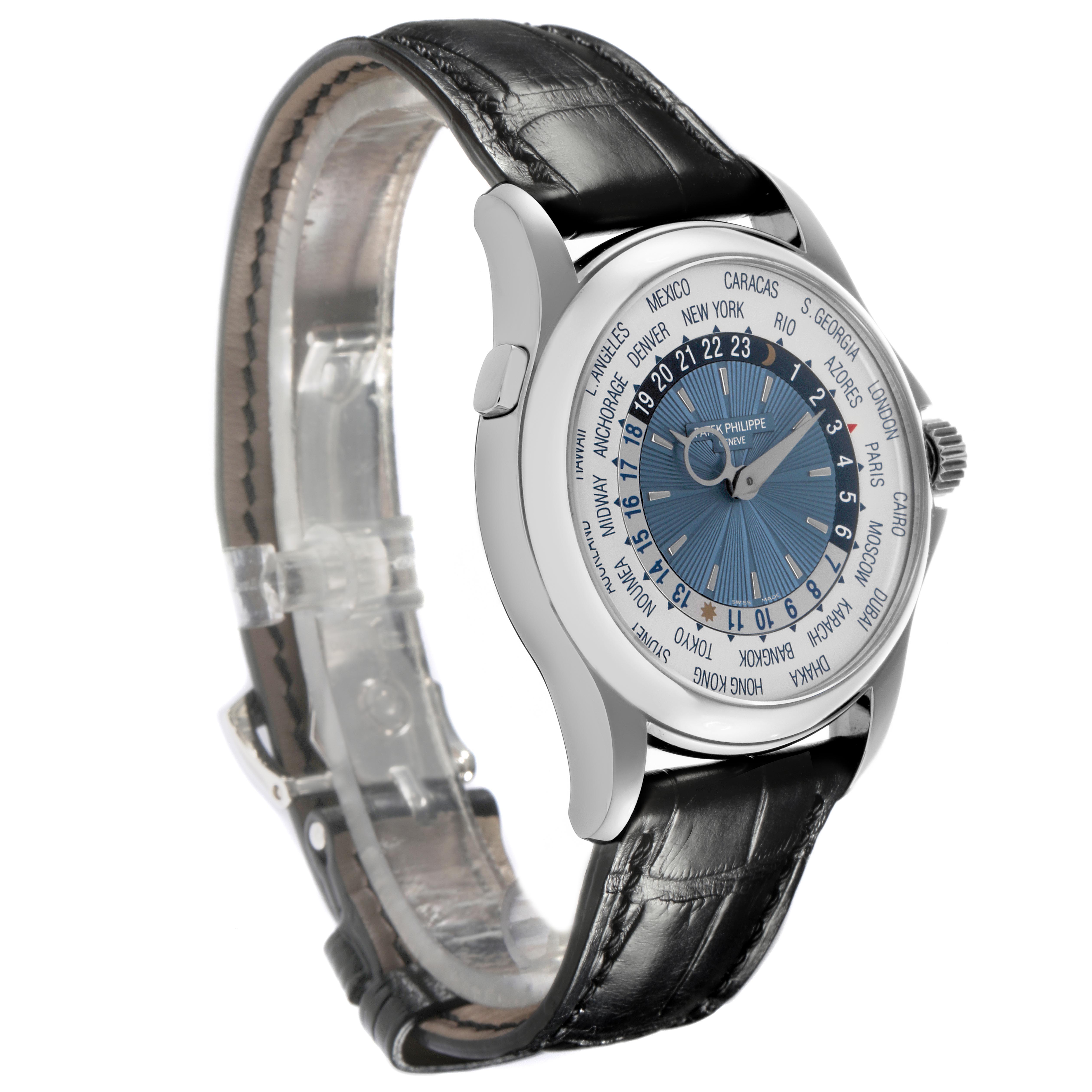 The Patek Philippe Complications 5130P Men
s Platinum Silver Dial 5130P Men
s Platinum Silver Dial watch is shown at a slight side angle, highlighting its dial, case, and black leather strap.