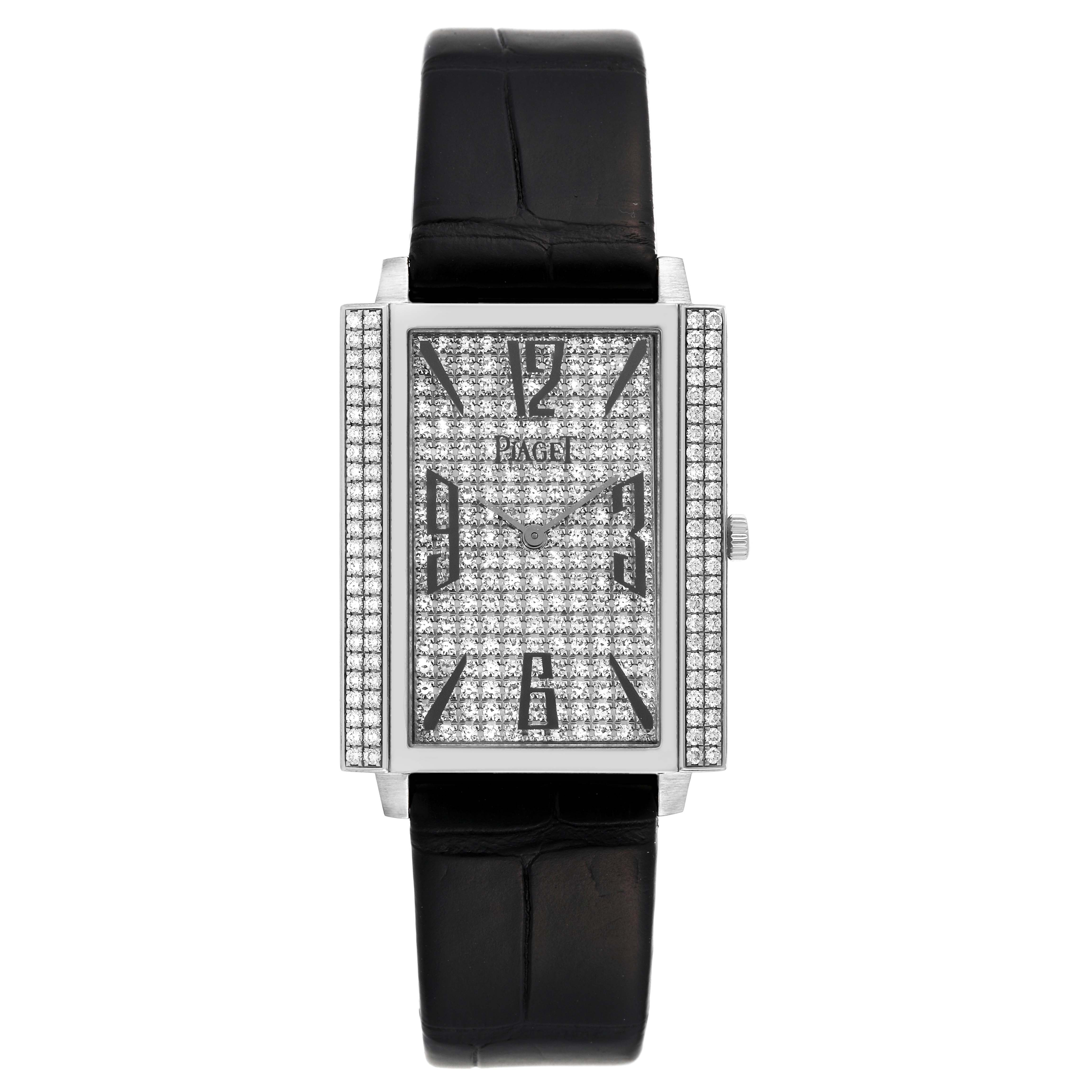 The image shows a Piaget P10291 Women
s White Gold Silver Dial P10291 Women
s White Gold Silver Dial Black Tie White Gold Diamond Ladies Watch P10291 Card model from a front angle, highlighting its face and strap.