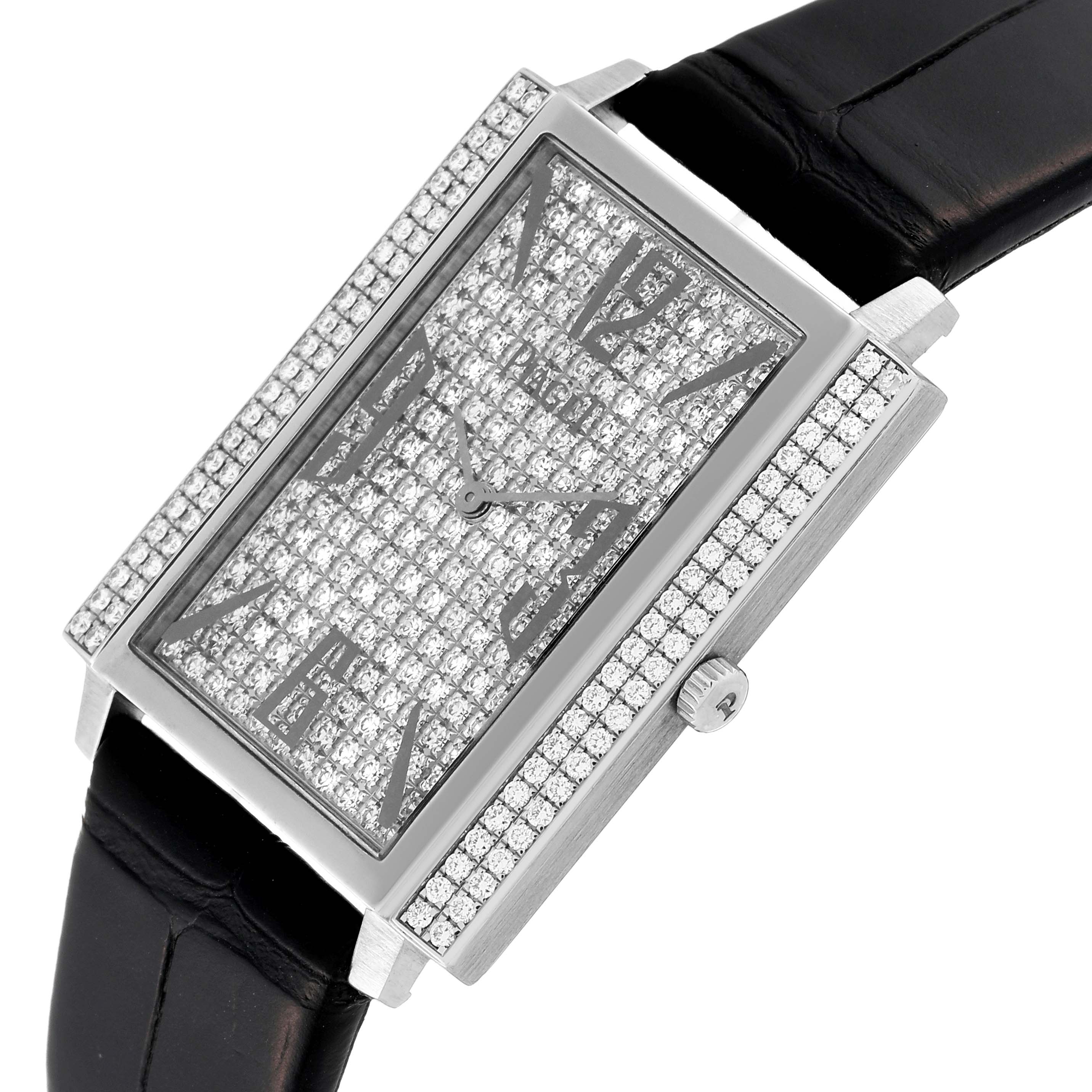 The image shows a Piaget P10291 Women
s White Gold Silver Dial P10291 Women
s White Gold Silver Dial Black Tie White Gold Diamond Ladies Watch P10291 Card model at an oblique angle, highlighting its diamond-encrusted face and leather strap.