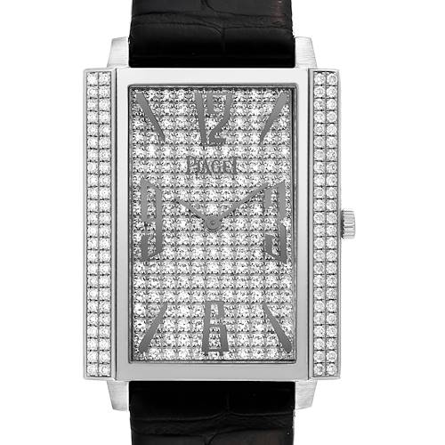 The Piaget P10291 Women's White Gold Silver Dial Black Tie White Gold Diamond Ladies Watch P10291 is shown from the front, displaying its diamond-encrusted face and leather strap.