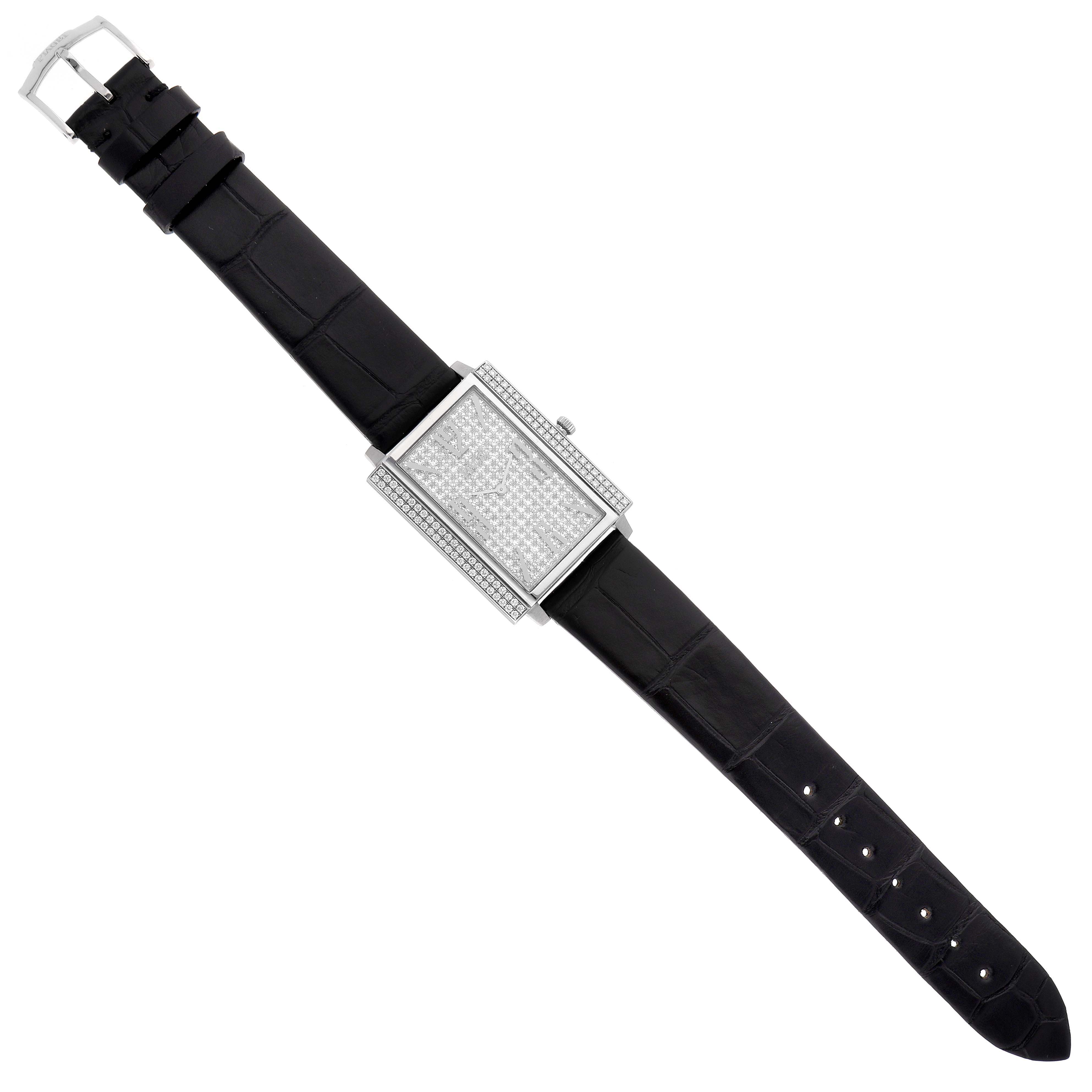 This image shows the Piaget P10291 Women
s White Gold Silver Dial P10291 Women
s White Gold Silver Dial Black Tie White Gold Diamond Ladies Watch P10291 model laid flat, displaying its face, band, and buckle.