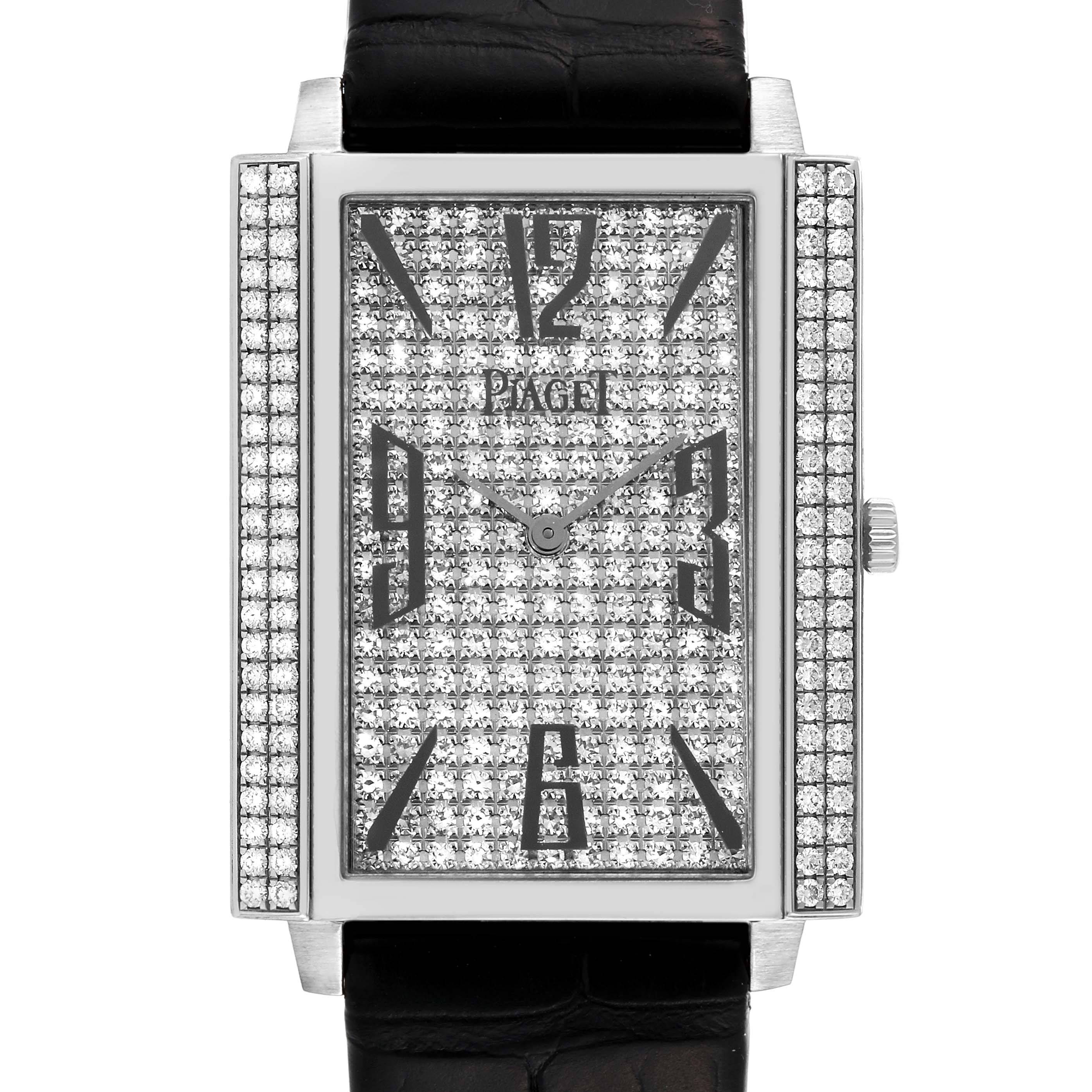 This image shows a front view of the Piaget P10291 Women
s White Gold Silver Dial P10291 Women
s White Gold Silver Dial Black Tie White Gold Diamond Ladies Watch P10291, displaying its diamond-studded face and bezel.