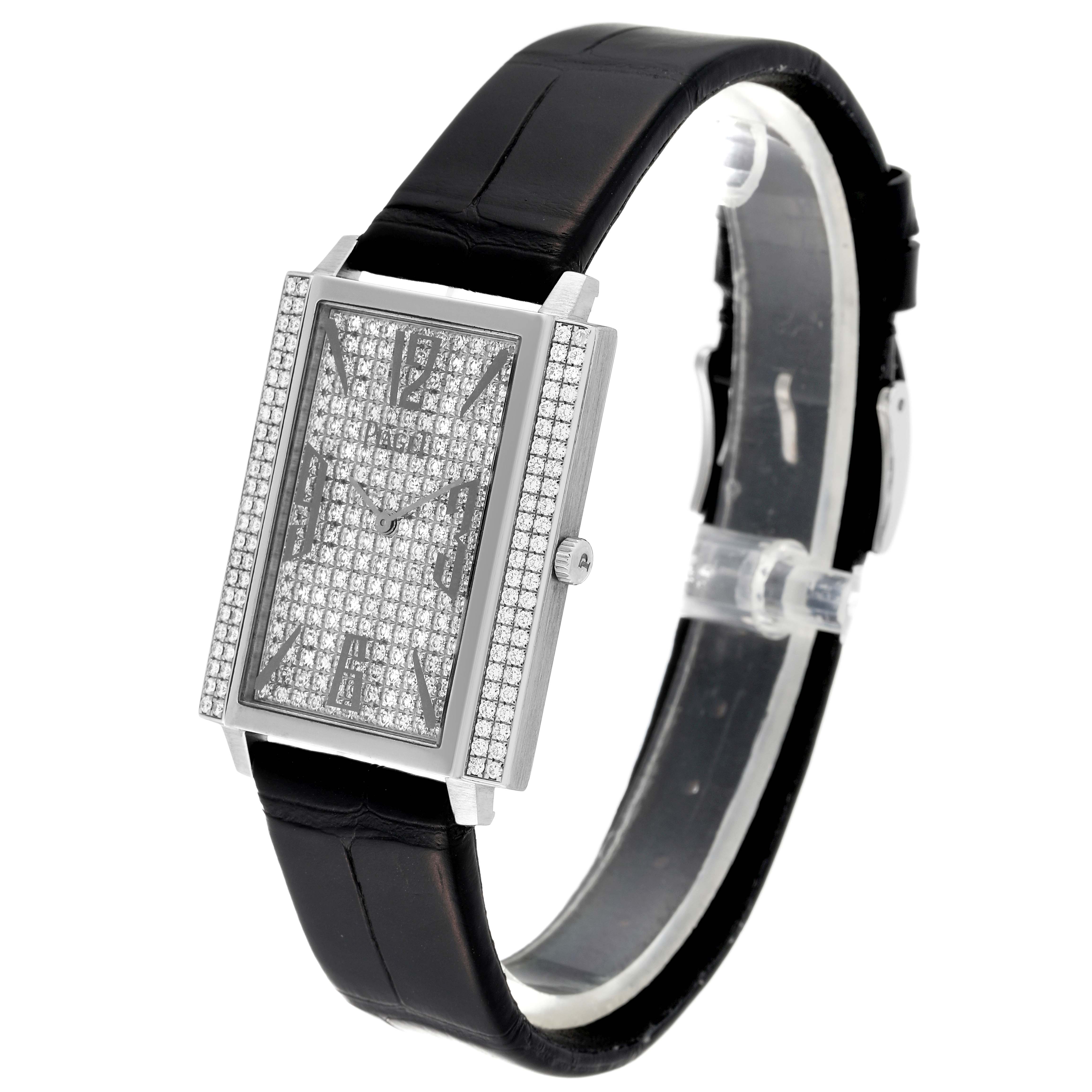 This Piaget P10291 Women
s White Gold Silver Dial P10291 Women
s White Gold Silver Dial Black Tie White Gold Diamond Ladies Watch P10291 Card model is shown at an angle highlighting its rectangular diamond face and black strap.