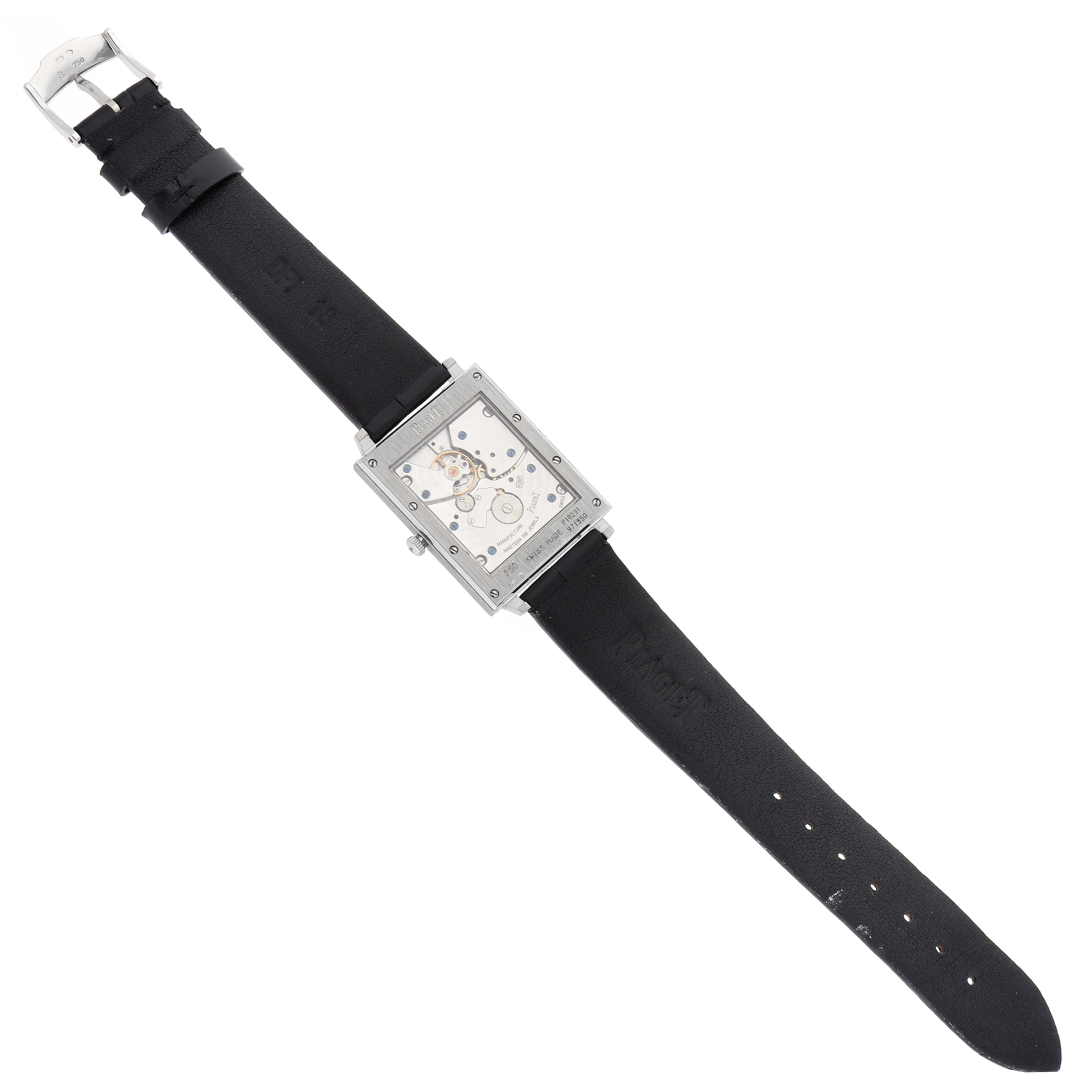 The Piaget P10291 Men's White Gold Silver Dial Black Tie White Gold Diamond Mens Watch P10291 Card is shown from a top-down angle, displaying the face and strap.