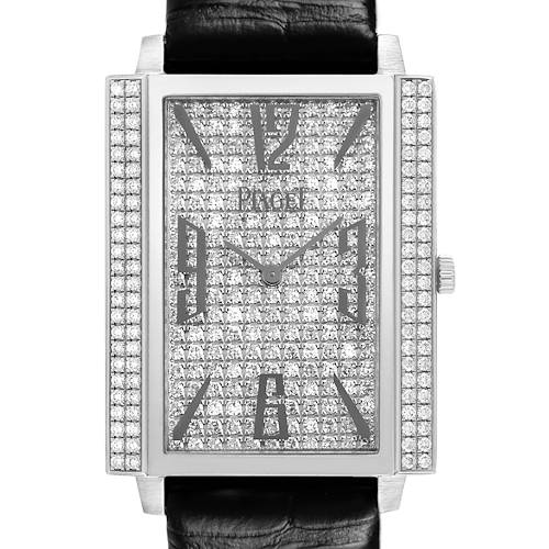 The Piaget P10291 Men's White Gold Silver Dial Black Tie White Gold Diamond Mens Watch P10291 is shown from a front angle, displaying its diamond-studded face and case.