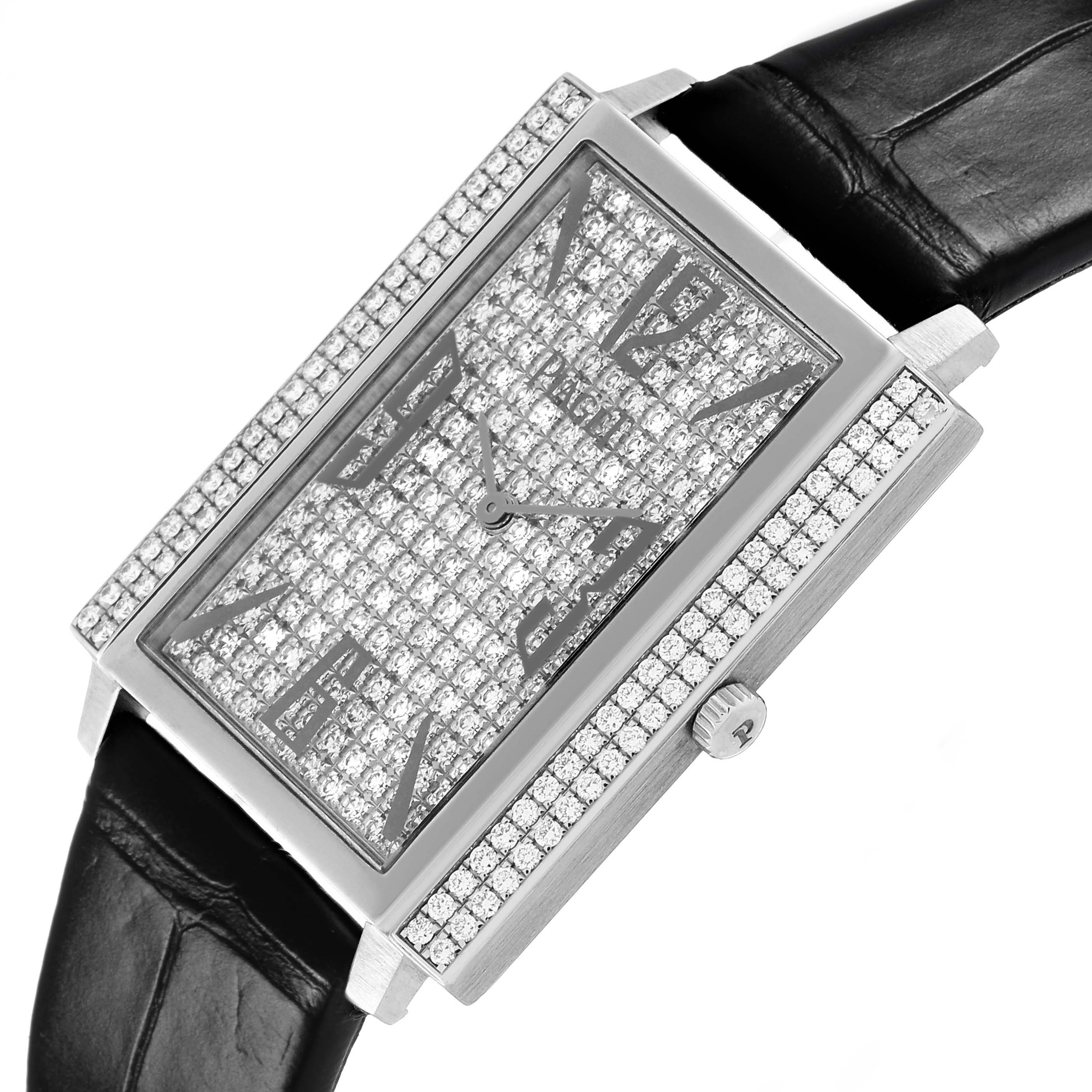 The Piaget P10291 Men's White Gold Silver Dial Black Tie White Gold Diamond Mens Watch P10291 is shown at an angled top view highlighting the diamond-encrusted face and bezel.