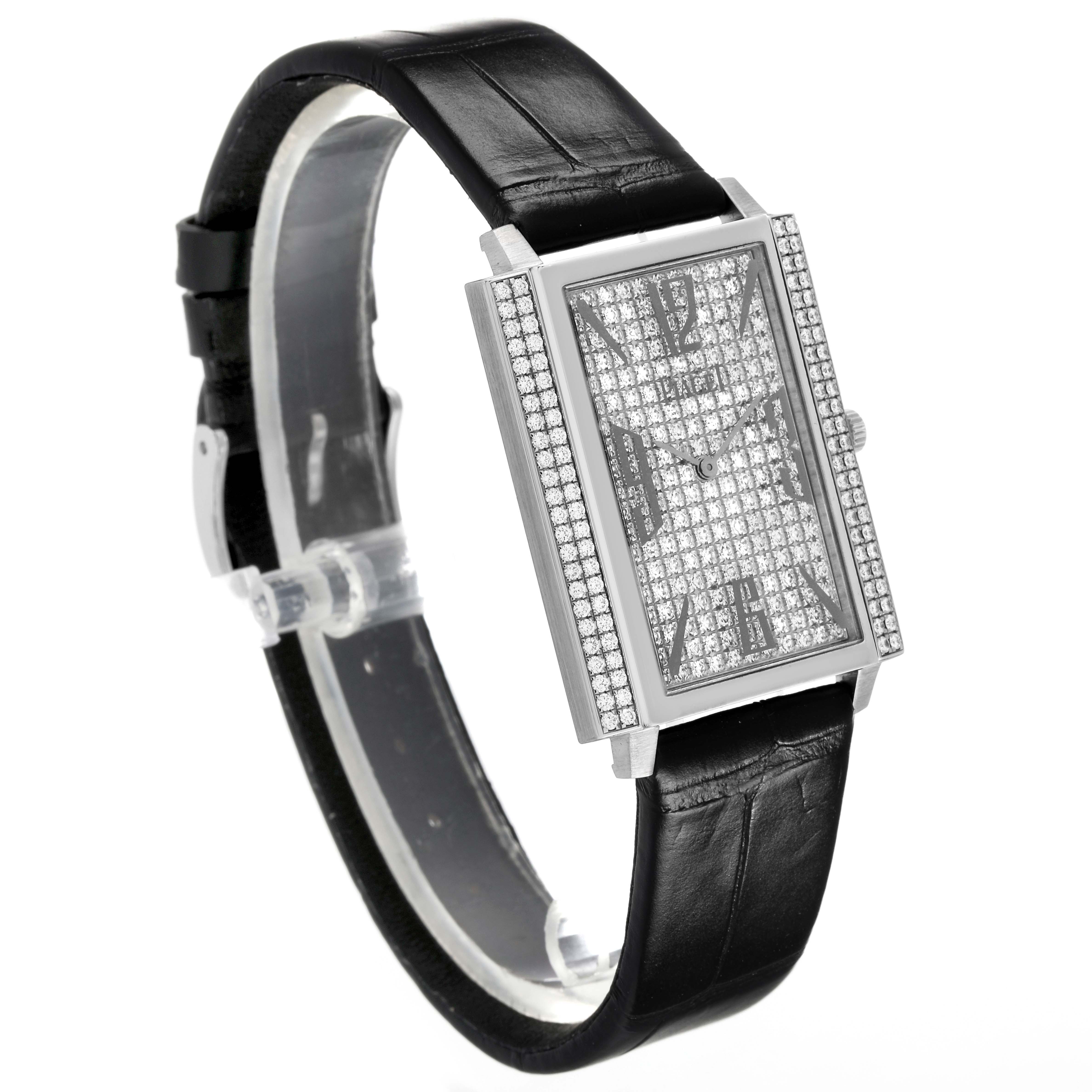 The Piaget P10291 Men's White Gold Silver Dial Black Tie White Gold Diamond Mens Watch P10291 Card is shown at a three-quarter angle, highlighting its diamond-encrusted face and black leather strap.