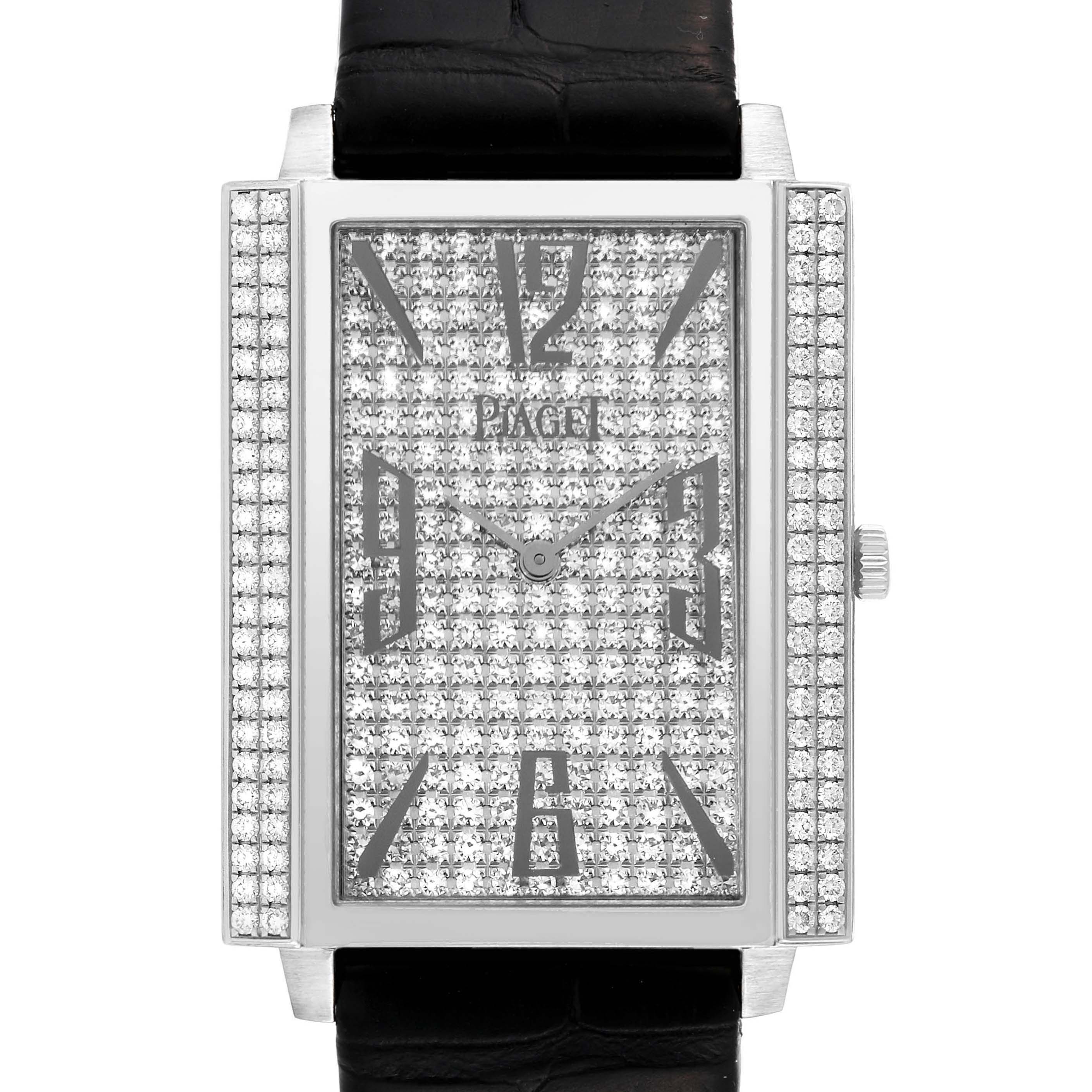 The Piaget P10291 Men's White Gold Silver Dial Black Tie White Gold Diamond Men's Watch P10291 is shown from the front, displaying its diamond-studded face and black strap.