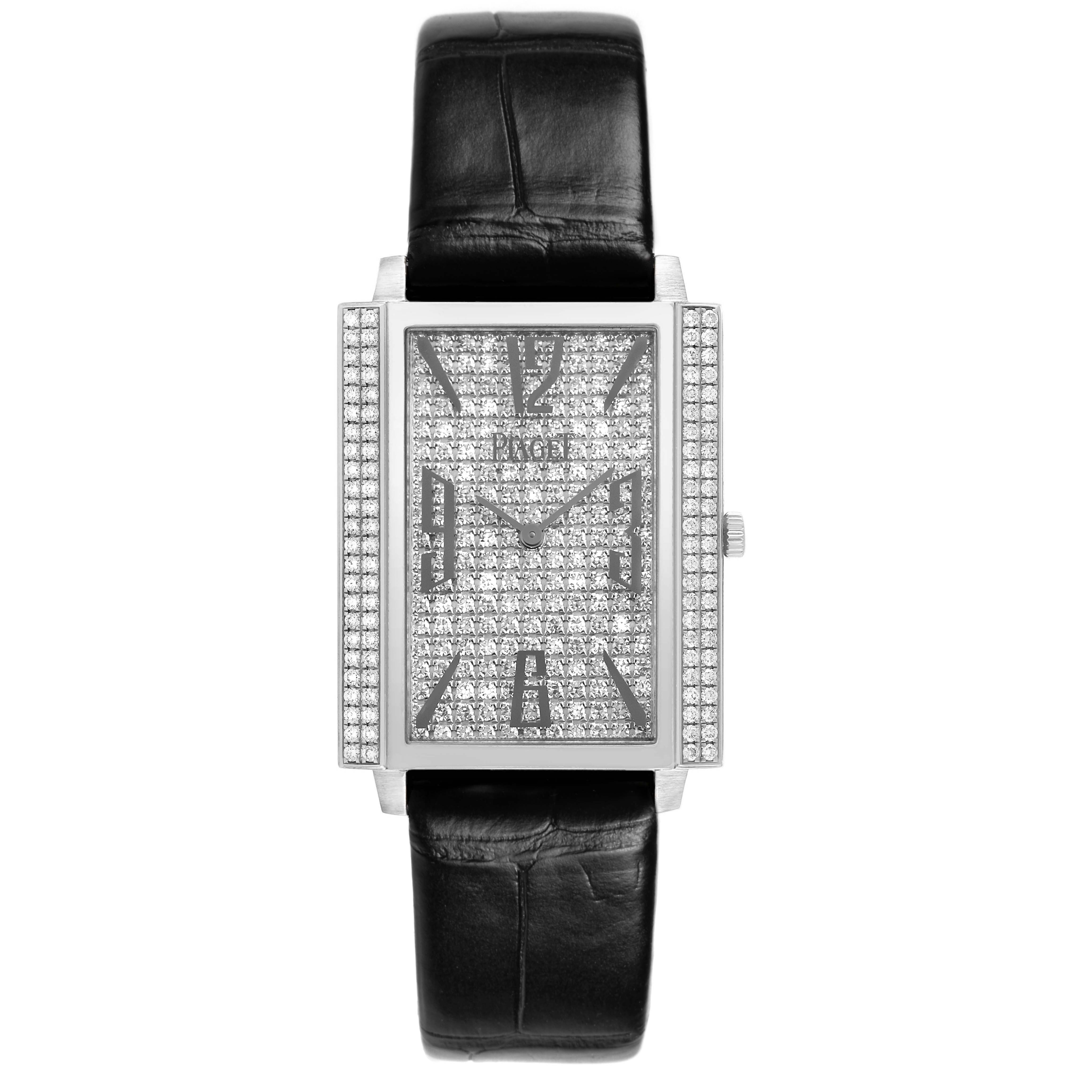 The Piaget P10291 Men's White Gold Silver Dial Black Tie White Gold Diamond P10291 watch is shown front-on, displaying its diamond-set face and black leather strap.