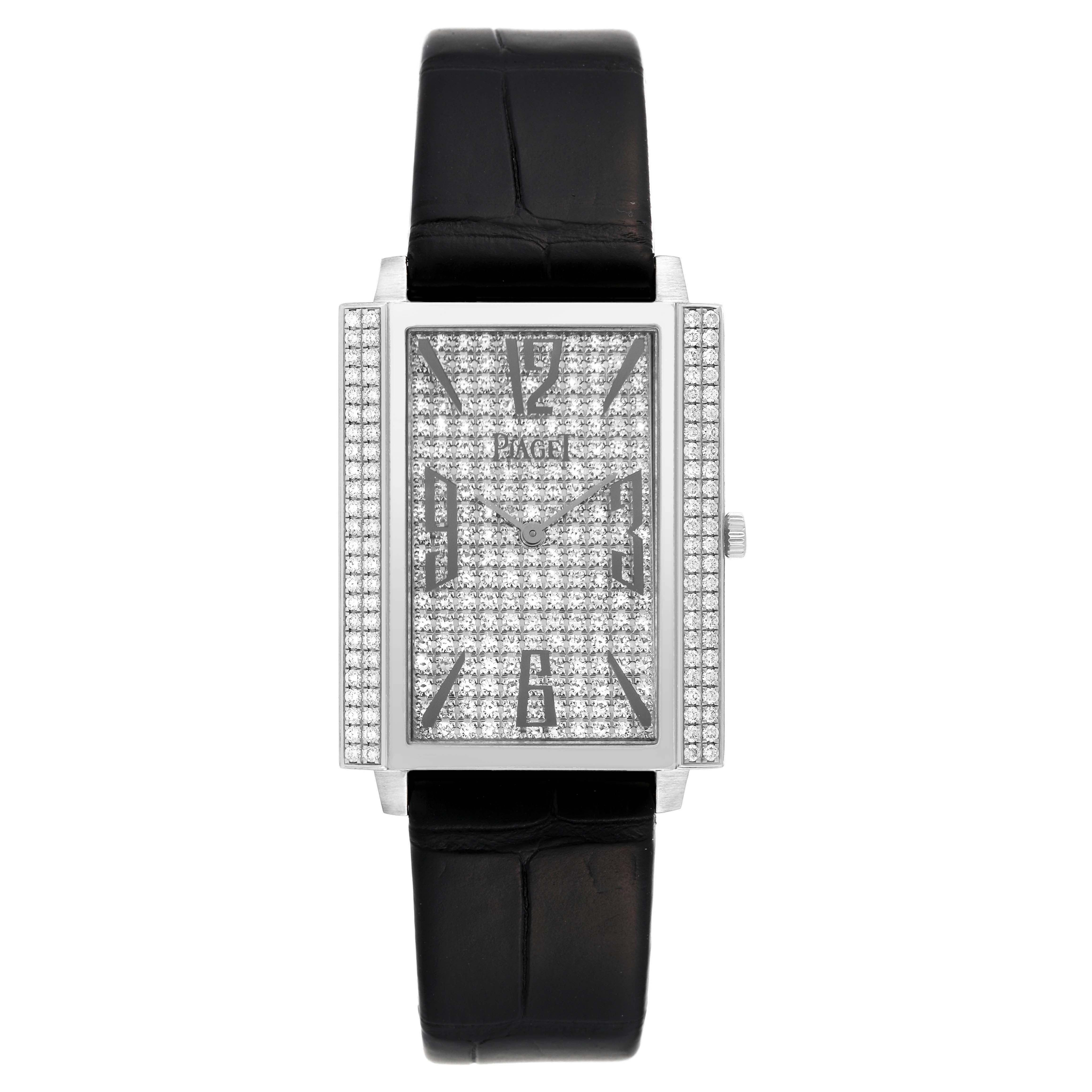 The Piaget P10291 Men's White Gold Silver Dial Black Tie White Gold Diamond Men's Watch P10291 Card is shown from a front angle, highlighting its diamond-encrusted face and leather strap.
