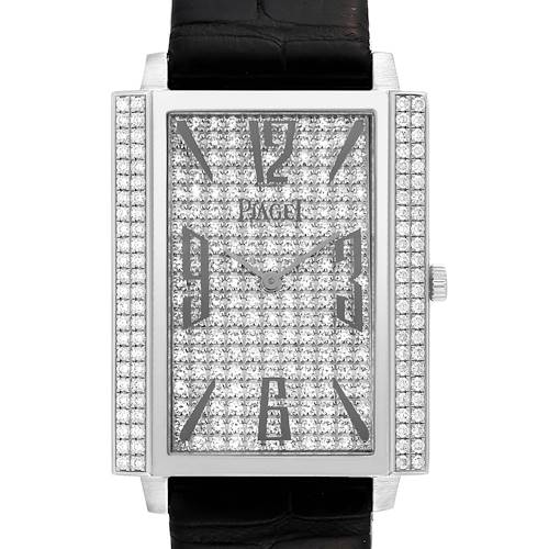 The Piaget P10291 Men's White Gold Silver Dial Black Tie White Gold Diamond Mens Watch P10291 is shown from the front, highlighting its diamond-encrusted face and bezel.