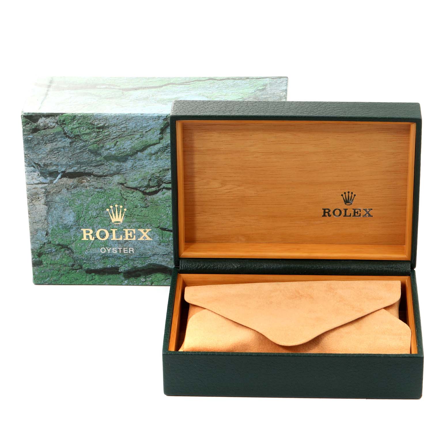 The image shows an open Rolex watch box with a closed tan leather pouch inside and the outer box featuring "Rolex Oyster" branding.