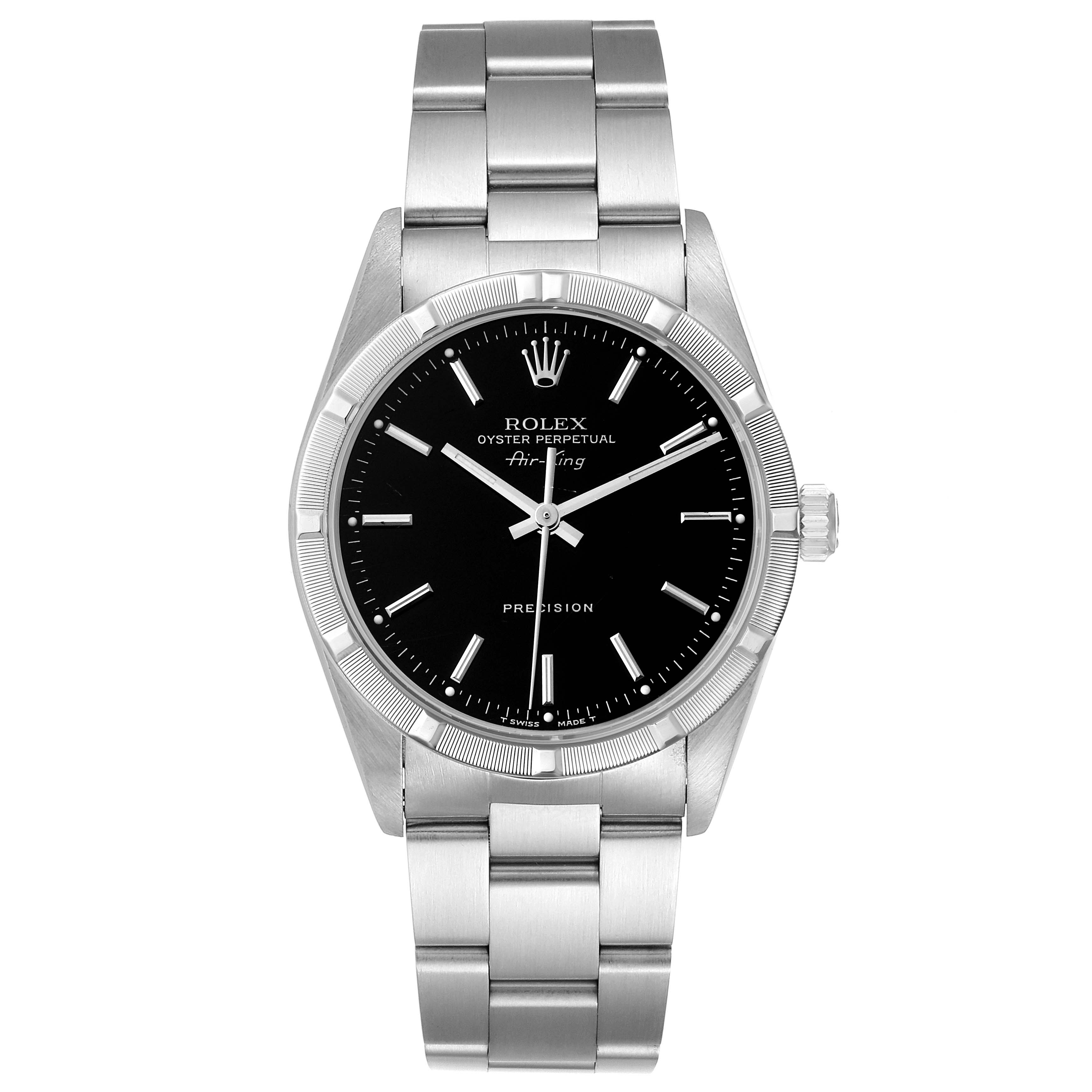 The image shows a frontal view of the Rolex Air-King 14010 Men's Stainless Steel Black Dial 14010 Men's Stainless Steel Black Dial watch, displaying its black dial, stainless steel case, and bracelet.