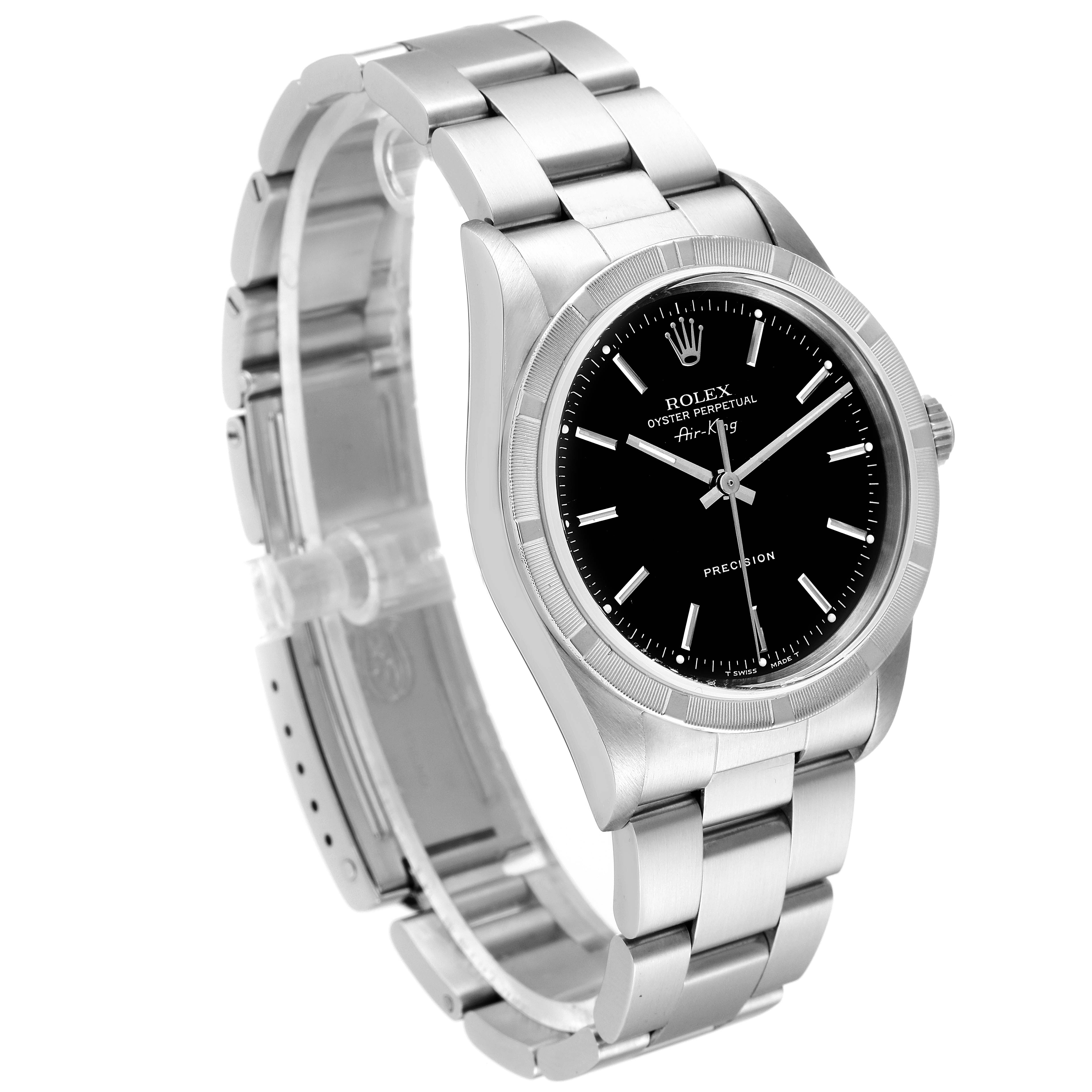 This image shows a side angle of the Rolex Air-King 14010 Men's Stainless Steel Black Dial 14010 Men's Stainless Steel Black Dial watch, featuring its stainless steel bracelet and black dial.