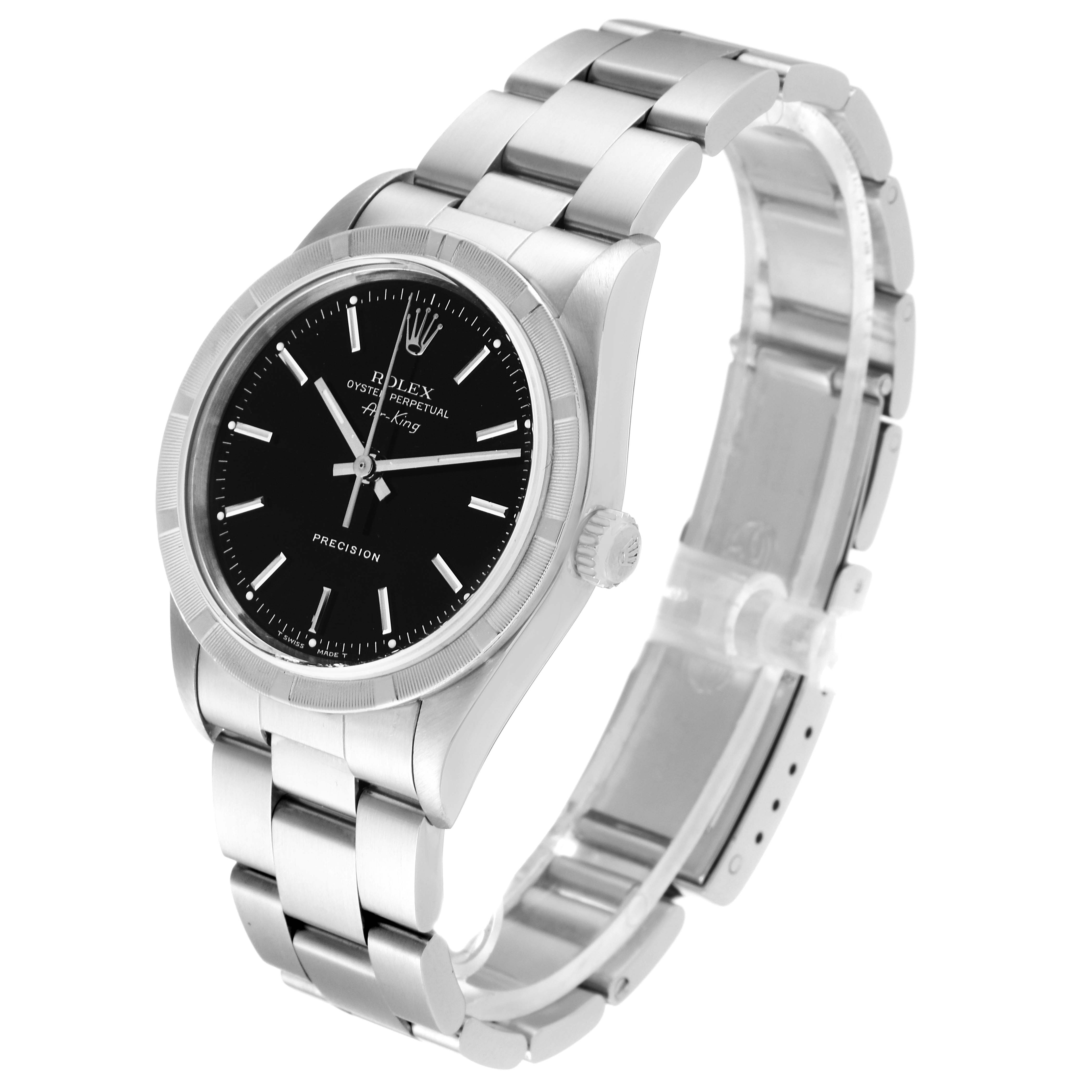 The Rolex Air-King 14010 Men's Stainless Steel Black Dial 14010 Men's Stainless Steel Black Dial watch is shown at a slight angle highlighting its black dial, silver bracelet, and crown.