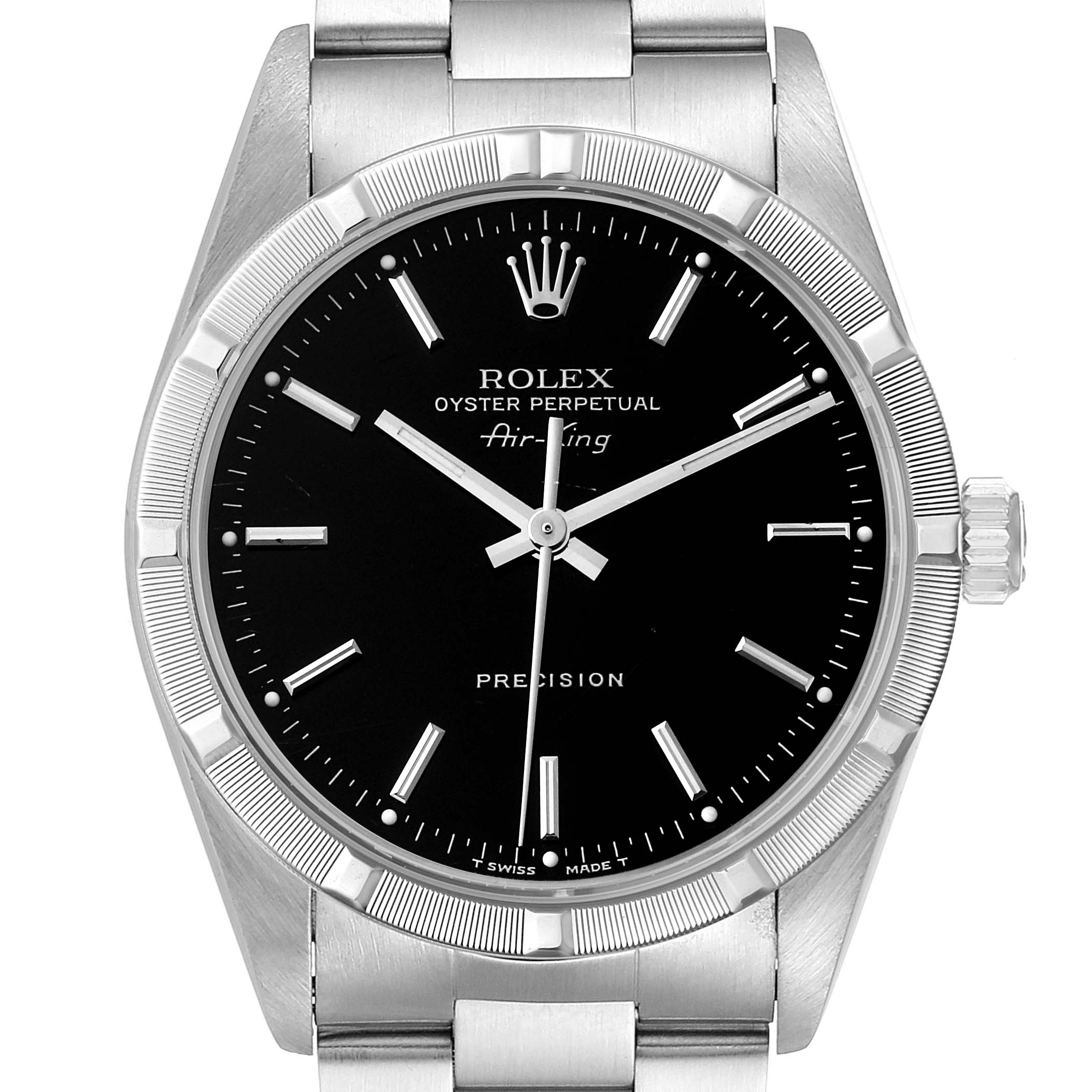 This image shows a frontal view of a Rolex Air-King 14010 Men's Stainless Steel Black Dial 14010 Men's Stainless Steel Black Dial watch, highlighting its black dial, hour markers, crown, and stainless steel bracelet.