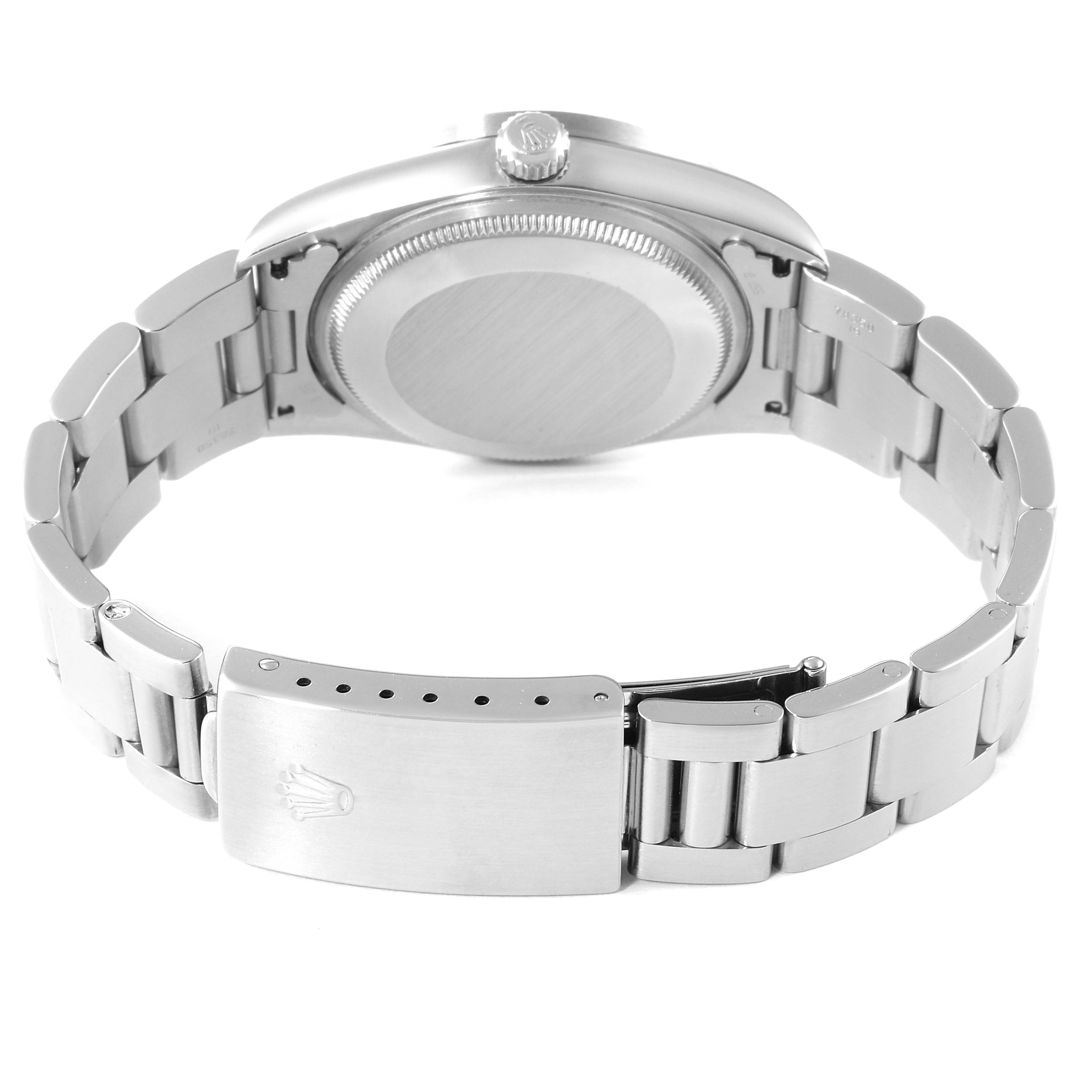 The image shows the back case and bracelet clasp of a Rolex Air-King 14010 Men's Stainless Steel Black Dial 14010 Men's Stainless Steel Black Dial watch, angled from the rear.