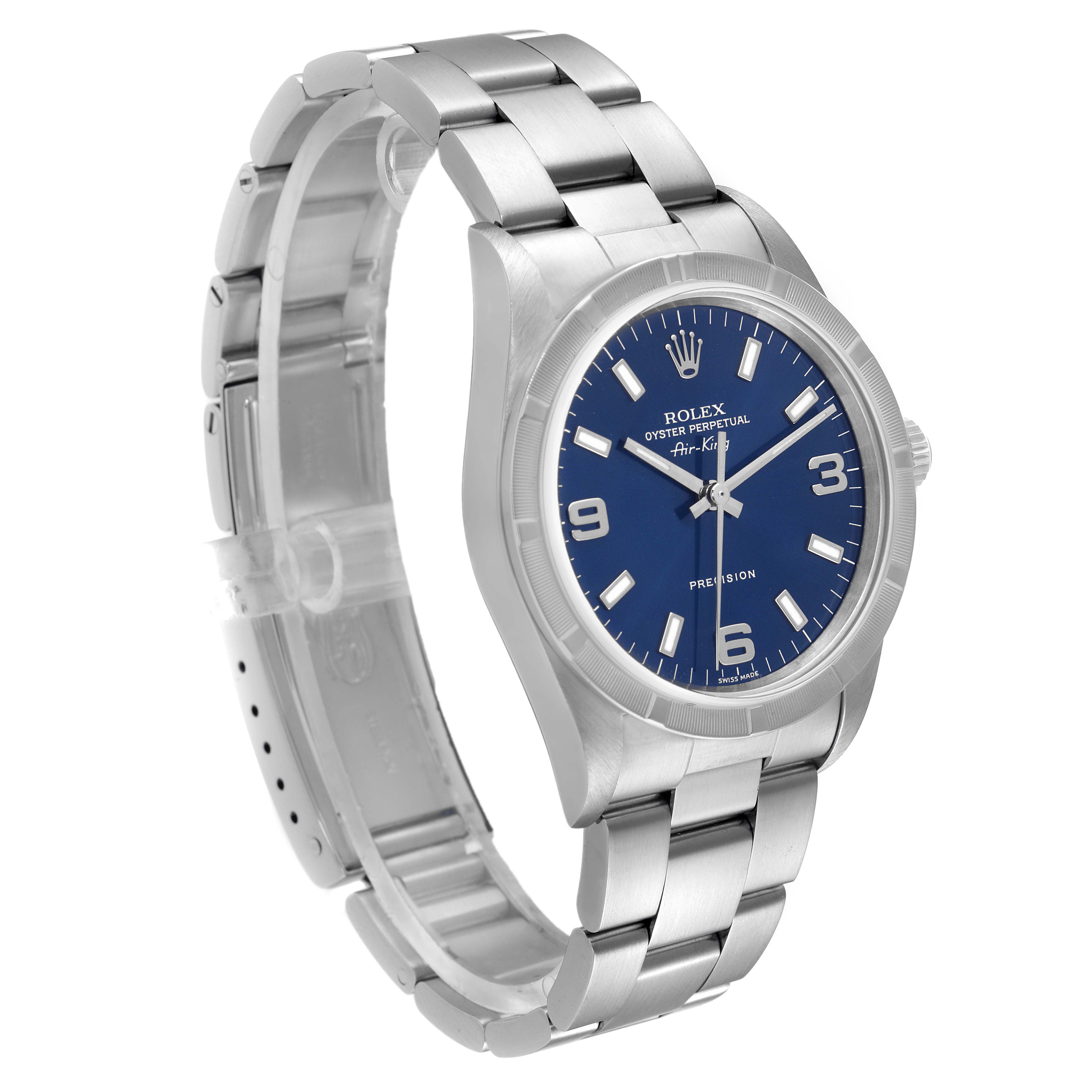 The image shows a Rolex Air-King 14010 Men's Stainless Steel Blue Dial 14010 Men's Stainless Steel Blue Dial watch at a three-quarter angle, highlighting its blue dial and stainless steel bracelet.