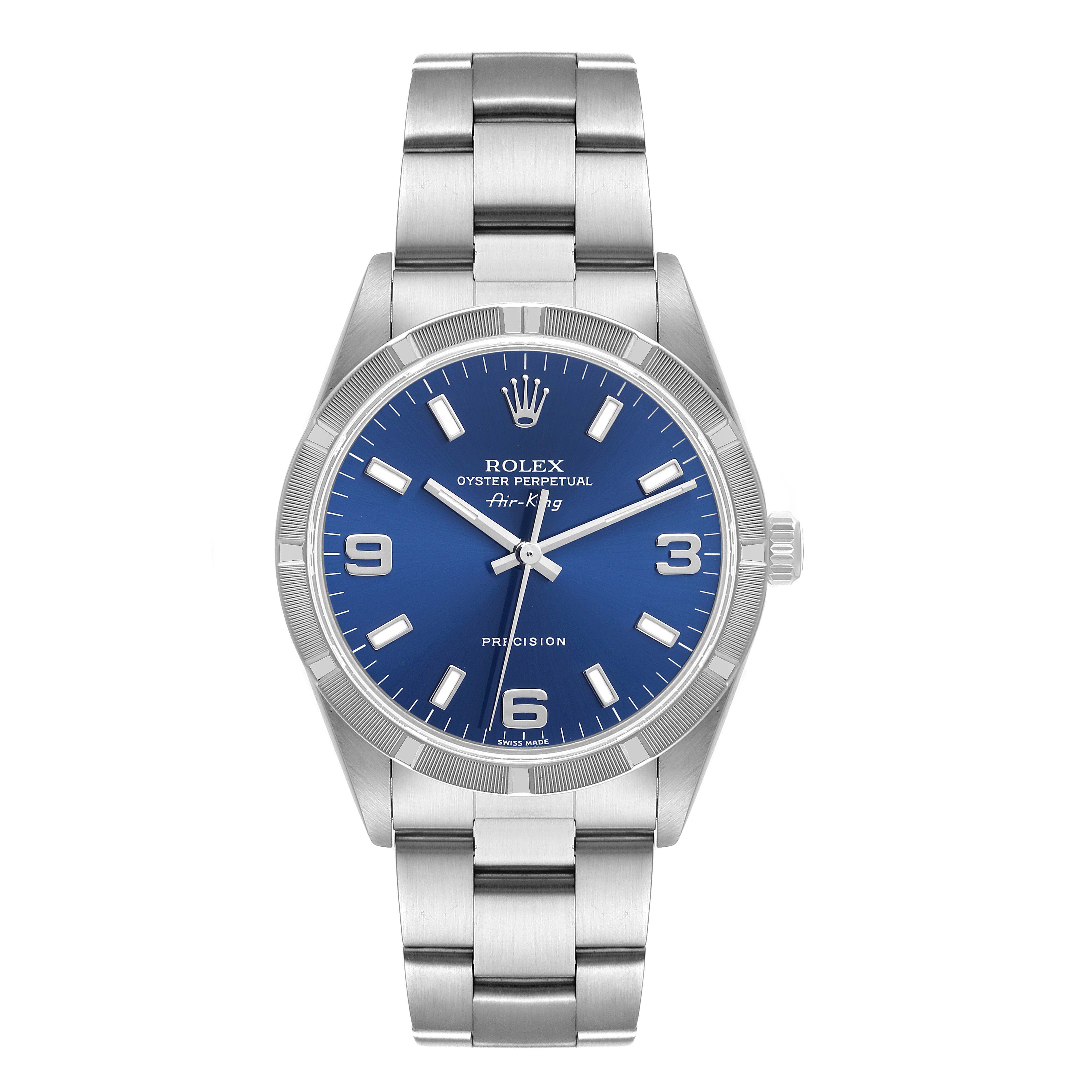 The image shows a front view of the Rolex Air-King 14010 Men's Stainless Steel Blue Dial 14010 Men's Stainless Steel Blue Dial watch, featuring a blue dial and stainless steel bracelet.