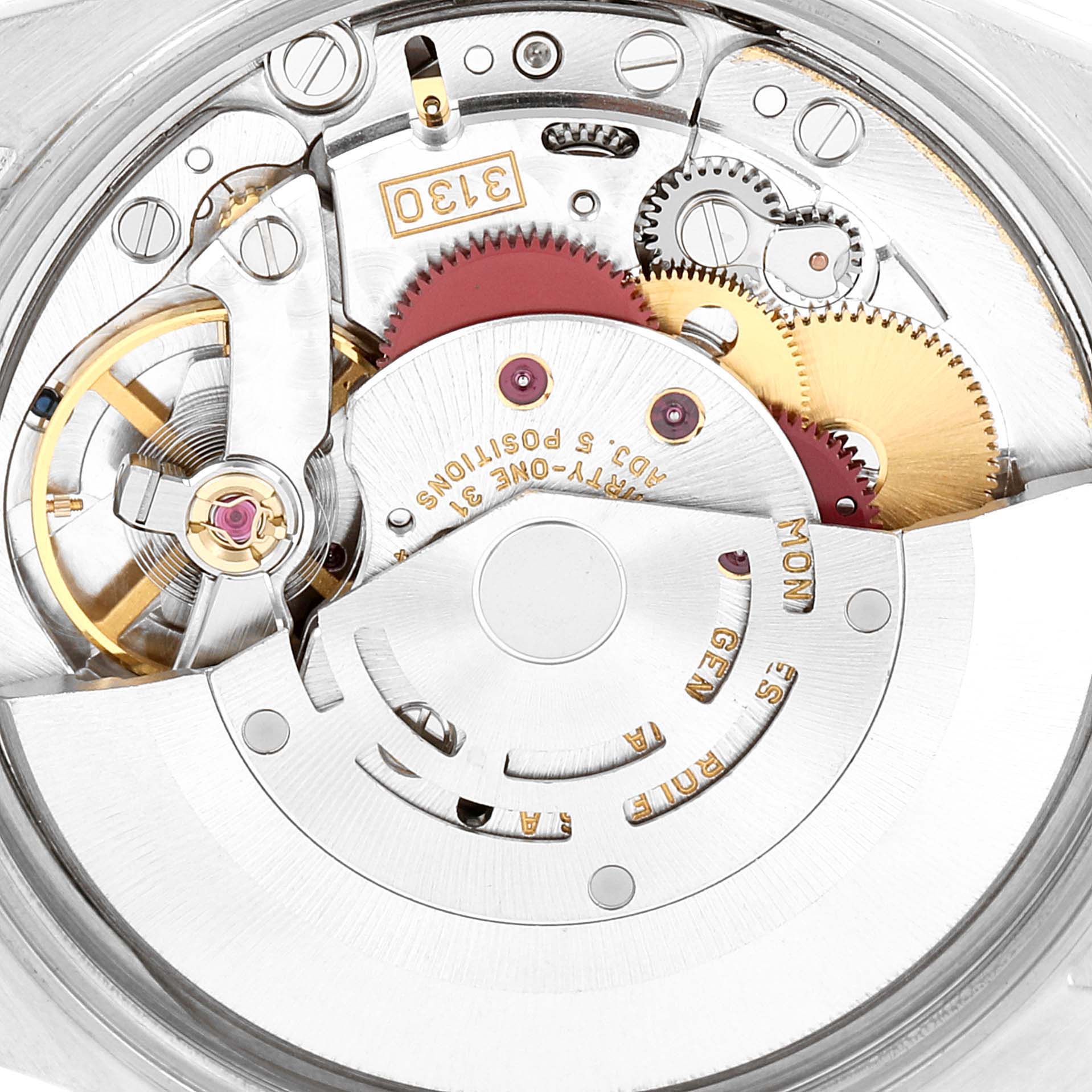 This image shows the intricate internal mechanism of the Rolex Air-King 14010 Men's Stainless Steel Blue Dial 14010 Men's Stainless Steel Blue Dial watch, highlighting gears and components.