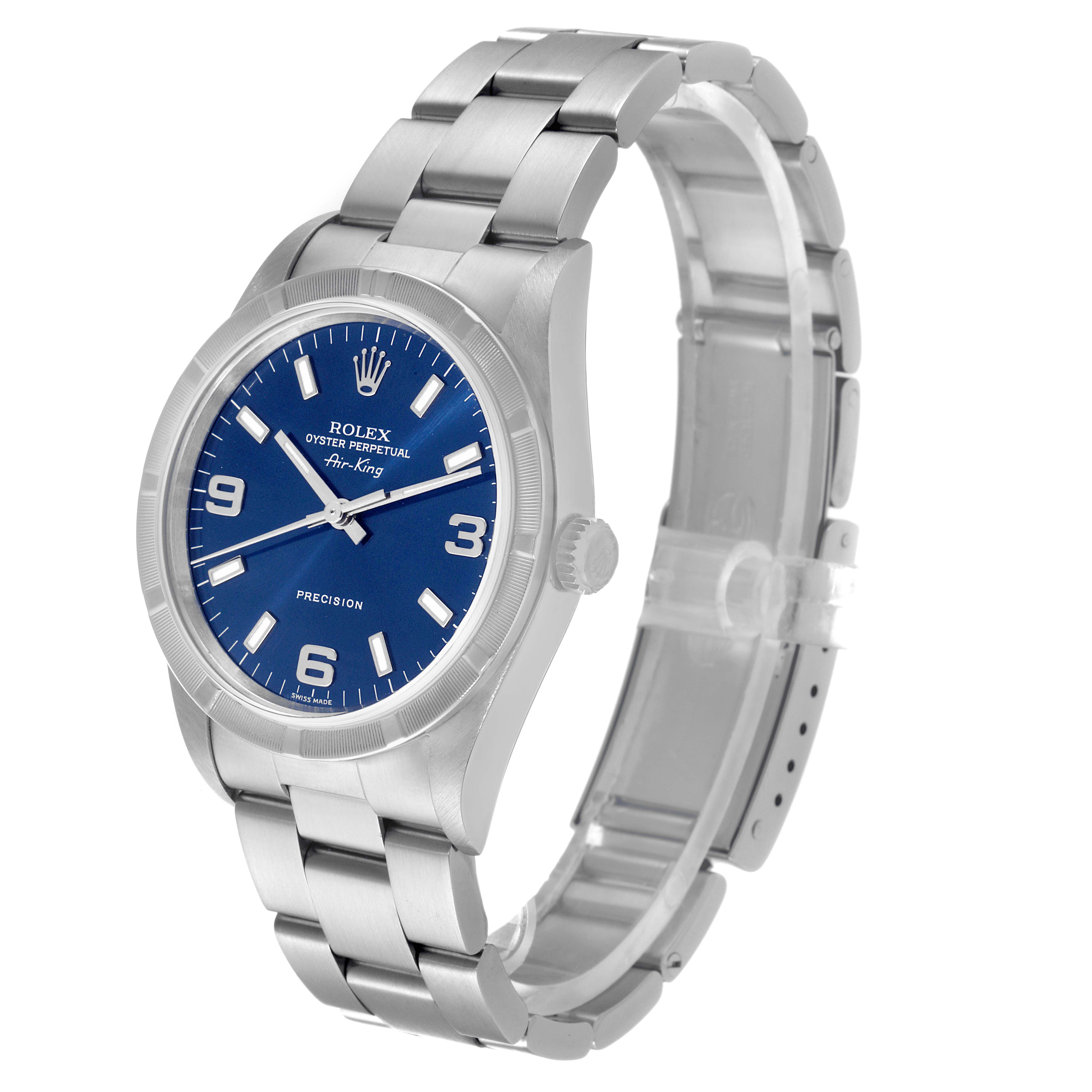 This image shows a Rolex Air-King 14010 Men's Stainless Steel Blue Dial 14010 Men's Stainless Steel Blue Dial watch angled slightly to the right, displaying its blue dial, case, and metal bracelet.