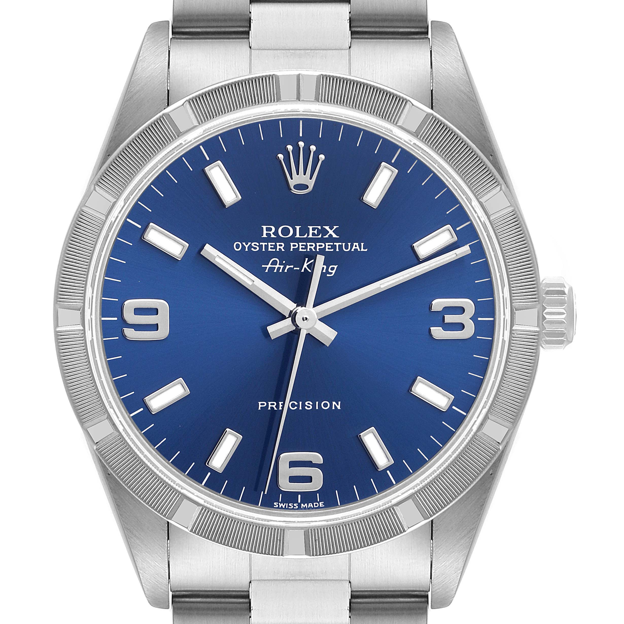 The image shows a close-up front view of a Rolex Air-King 14010 Men's Stainless Steel Blue Dial 14010 Men's Stainless Steel Blue Dial watch, displaying its blue dial, hands, hour markers, and part of its bracelet.