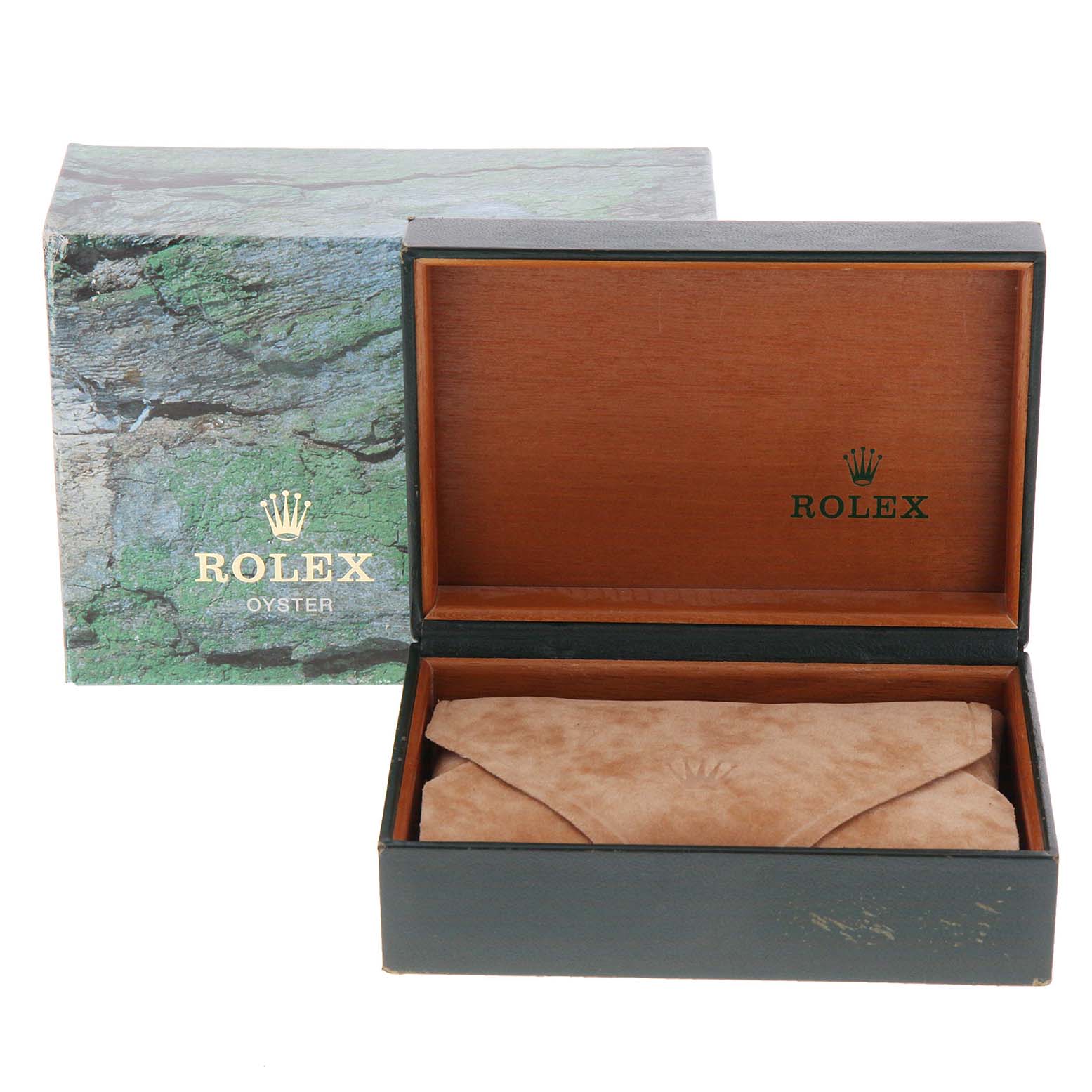 The image shows an open Rolex watch box and an outer box, with the inner box's lid displaying the Rolex logo.