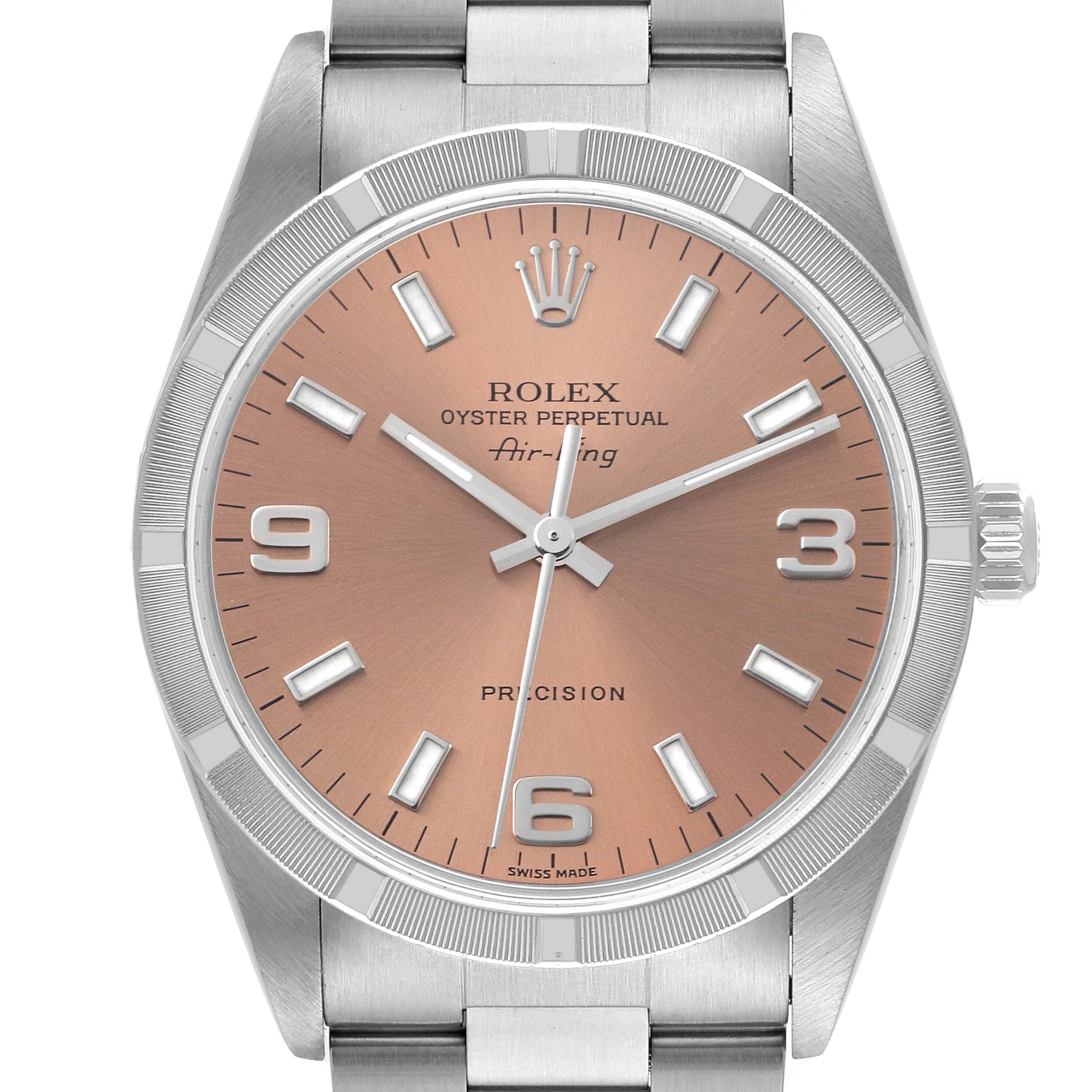 The Rolex Air-King 14010 Men's Stainless Steel Pink Dial 14010 Men's Stainless Steel Pink Dial watch is shown from a front perspective highlighting its face, dial, hands, and bracelet.
