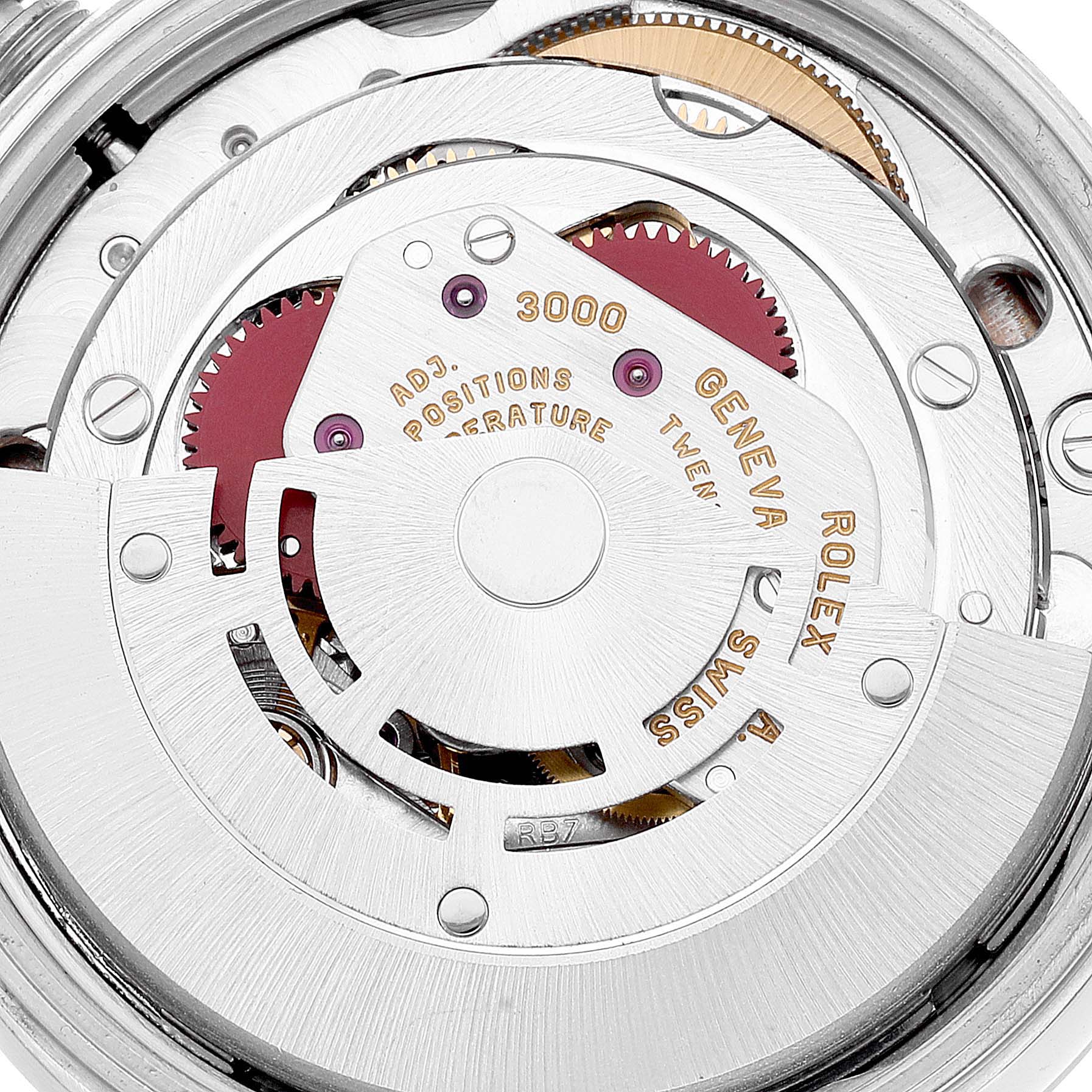 This image shows a close-up view of the internal movement parts, specifically the rotor and gears, of the Rolex Air-King 14010 Men's Stainless Steel Pink Dial 14010 Men's Stainless Steel Pink Dial watch.