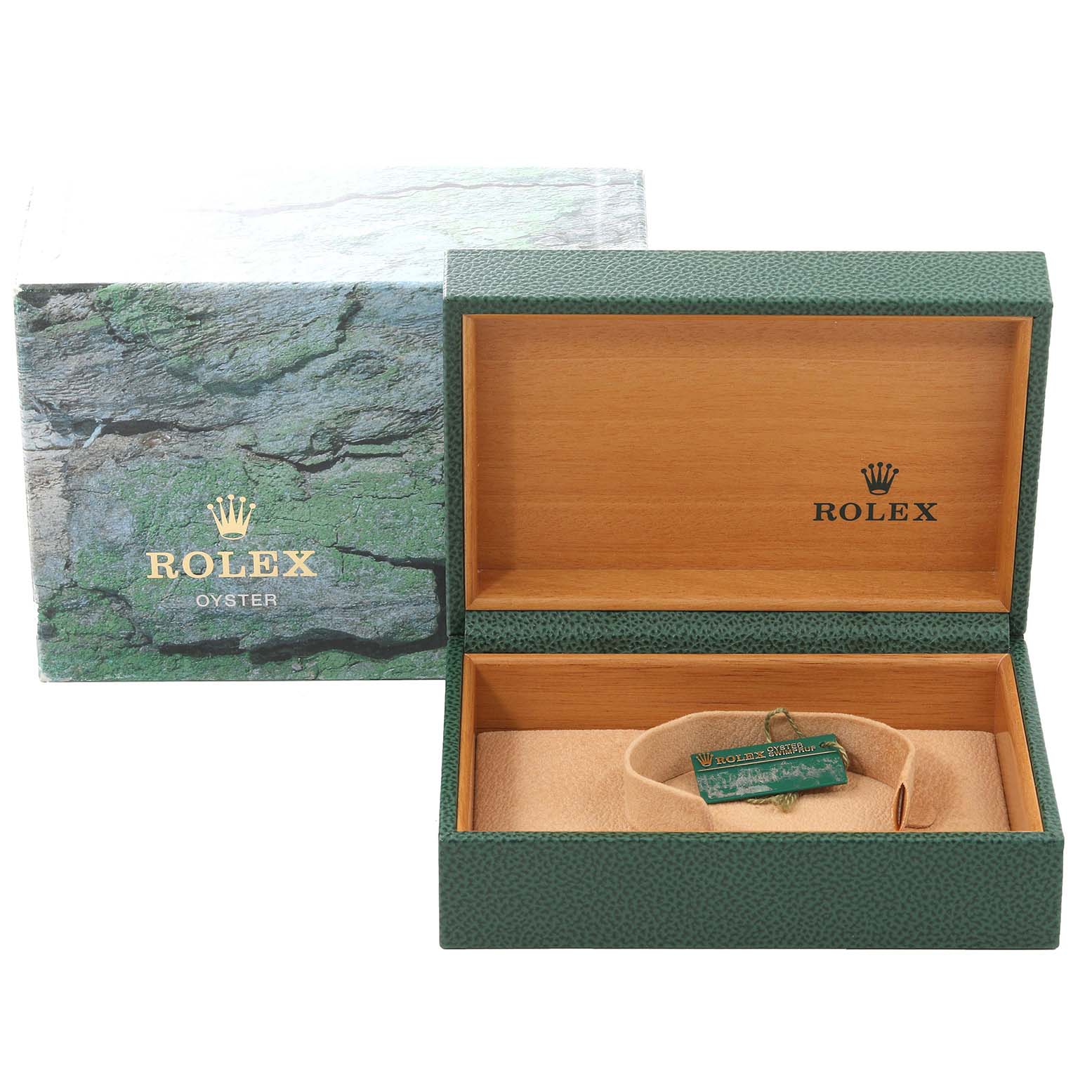 The image shows an open Rolex Air-King 14010 Men's Stainless Steel Pink Dial 14010 Men's Stainless Steel Pink Dial watch box with its cushion and tag, plus the outer green textured box.